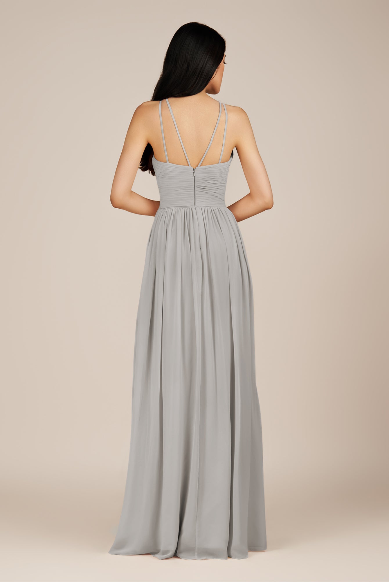 KissDress-Ursa Silver A Line Chiffon Halter Neck Long Bridesmaid Dress with Pleats