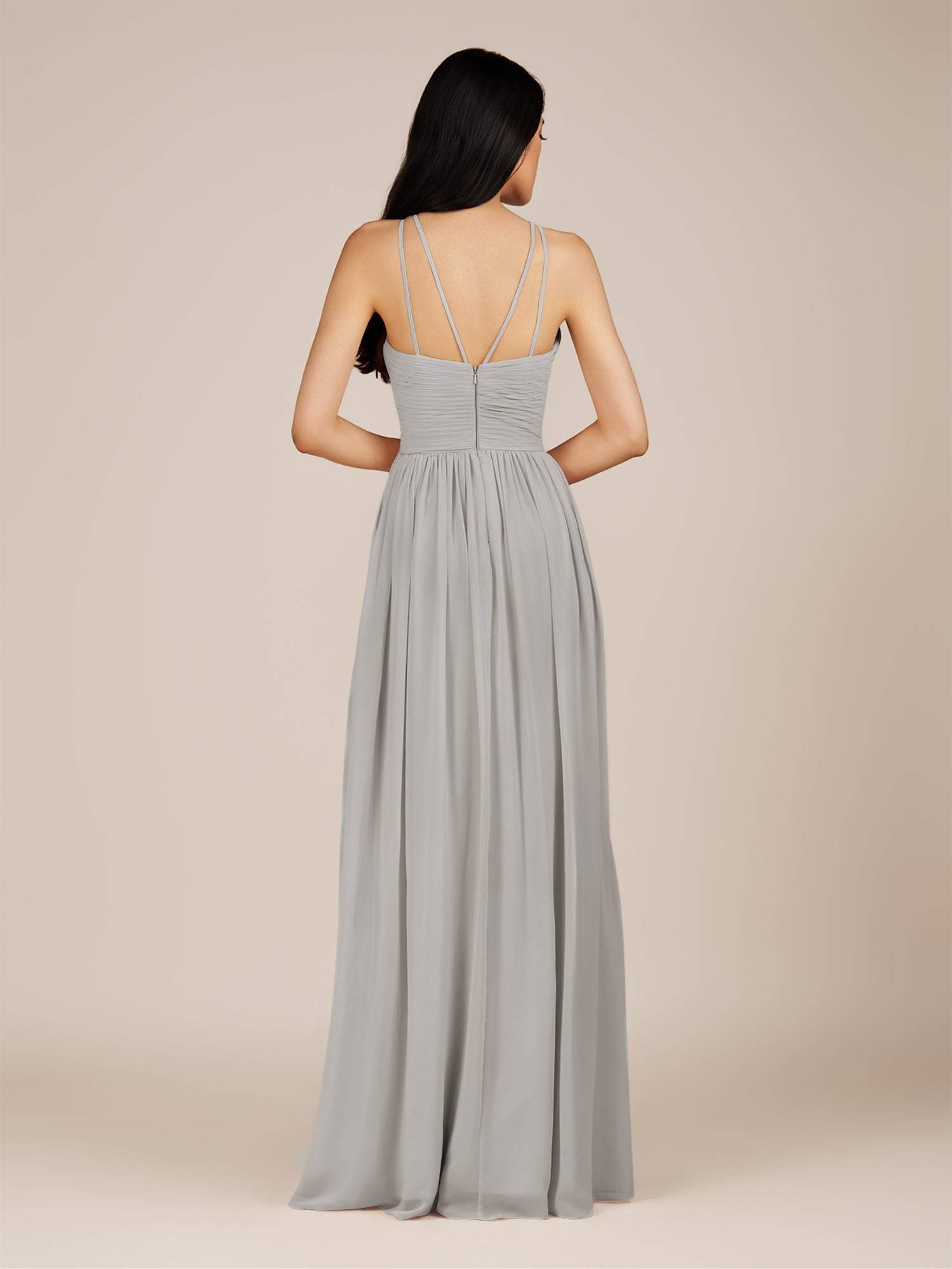 KissDress-Ursa Silver A Line Chiffon Halter Neck Long Bridesmaid Dress with Pleats