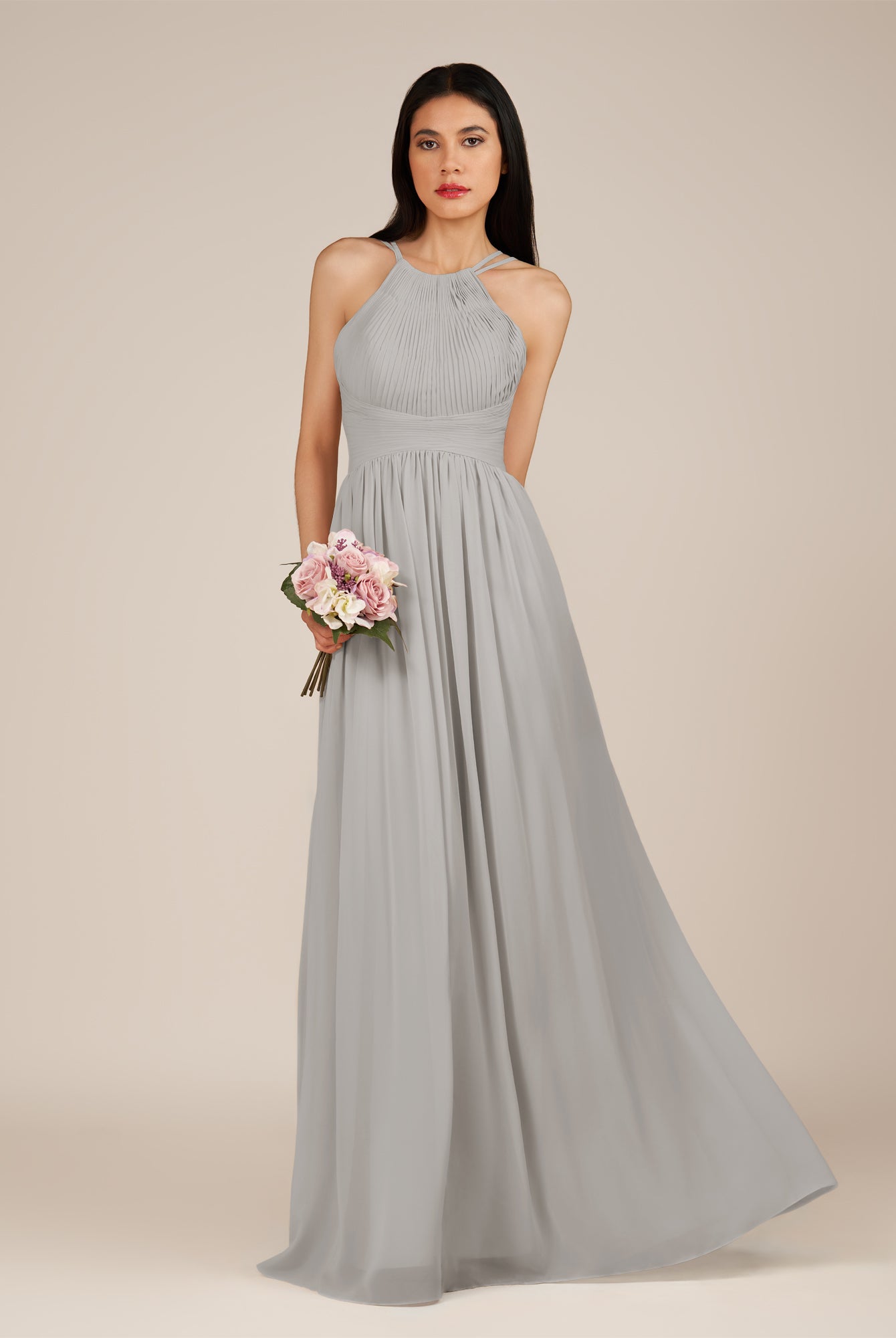 KissDress-Ursa Silver A Line Chiffon Halter Neck Long Bridesmaid Dress with Pleats