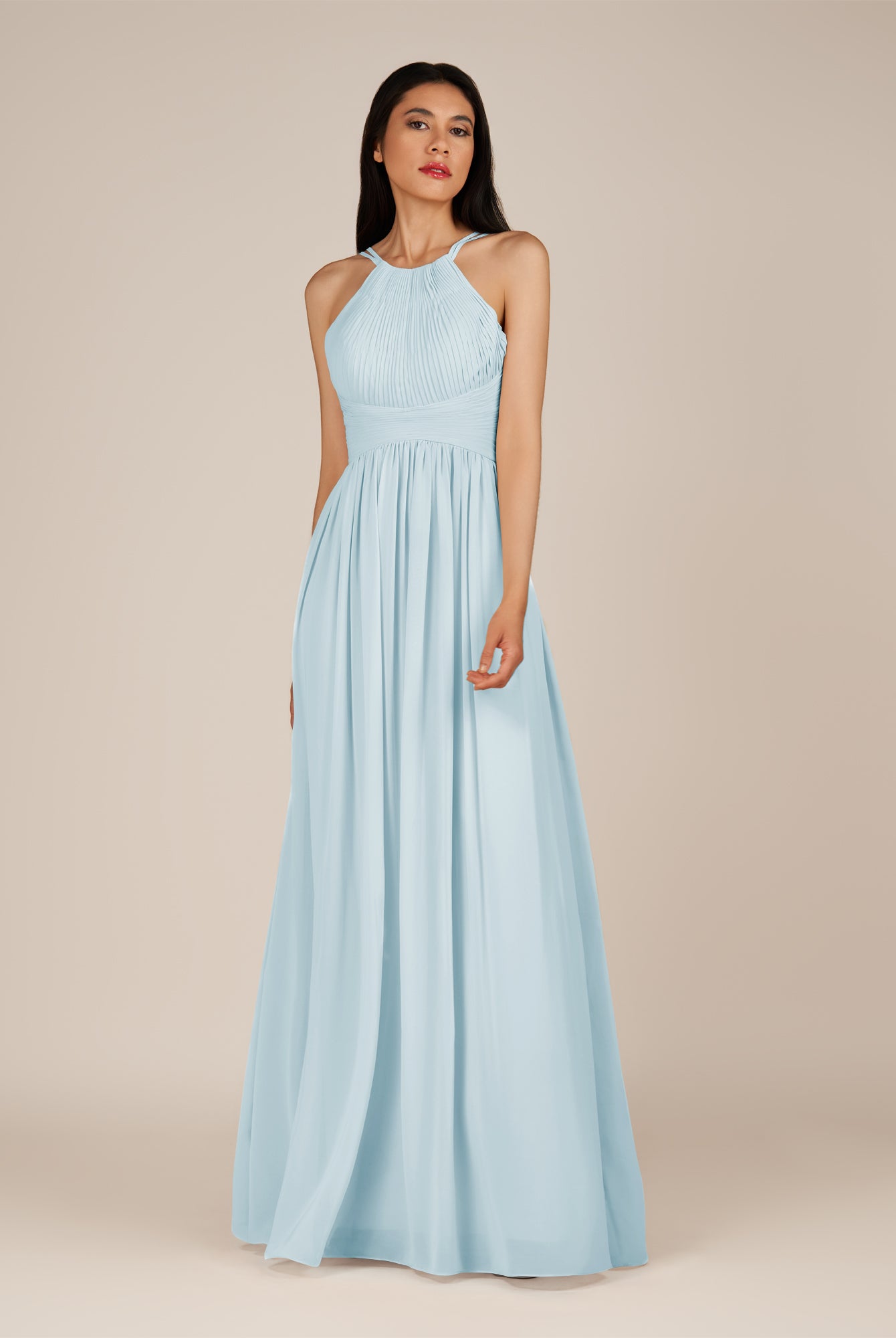 KissDress-Ursa Sky Blue A Line Chiffon Halter Neck Long Bridesmaid Dress with Pleats