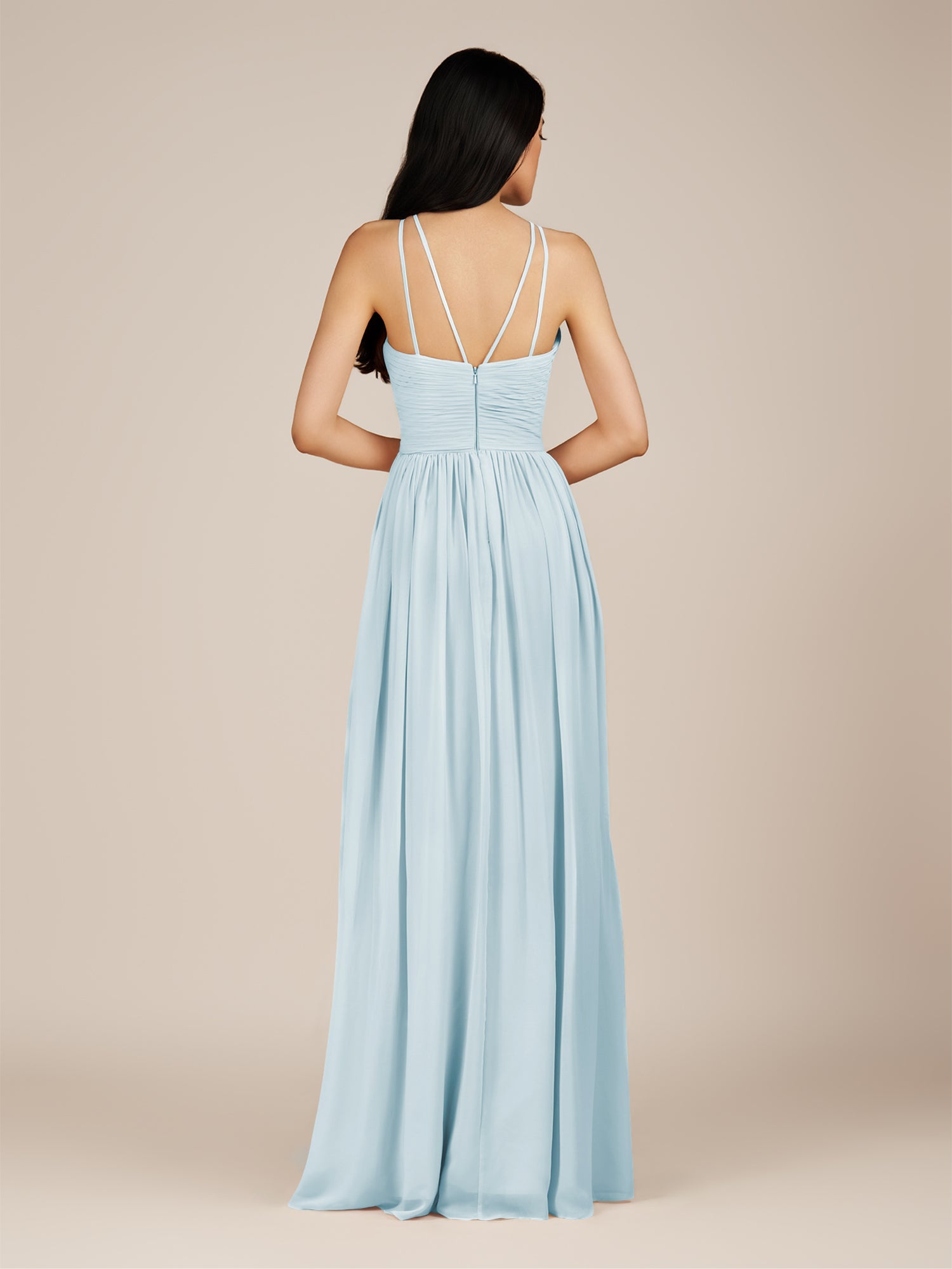 KissDress-Ursa Sky Blue A Line Chiffon Halter Neck Long Bridesmaid Dress with Pleats