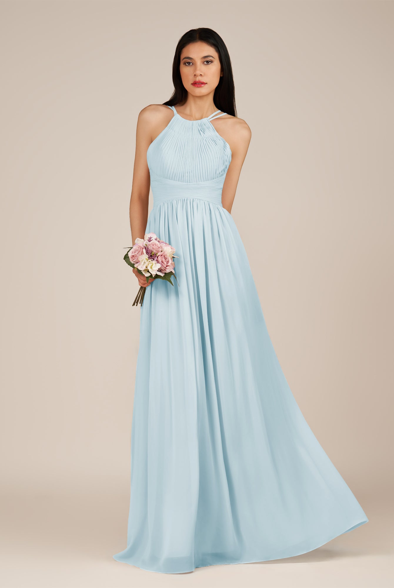 KissDress-Ursa Sky Blue A Line Chiffon Halter Neck Long Bridesmaid Dress with Pleats