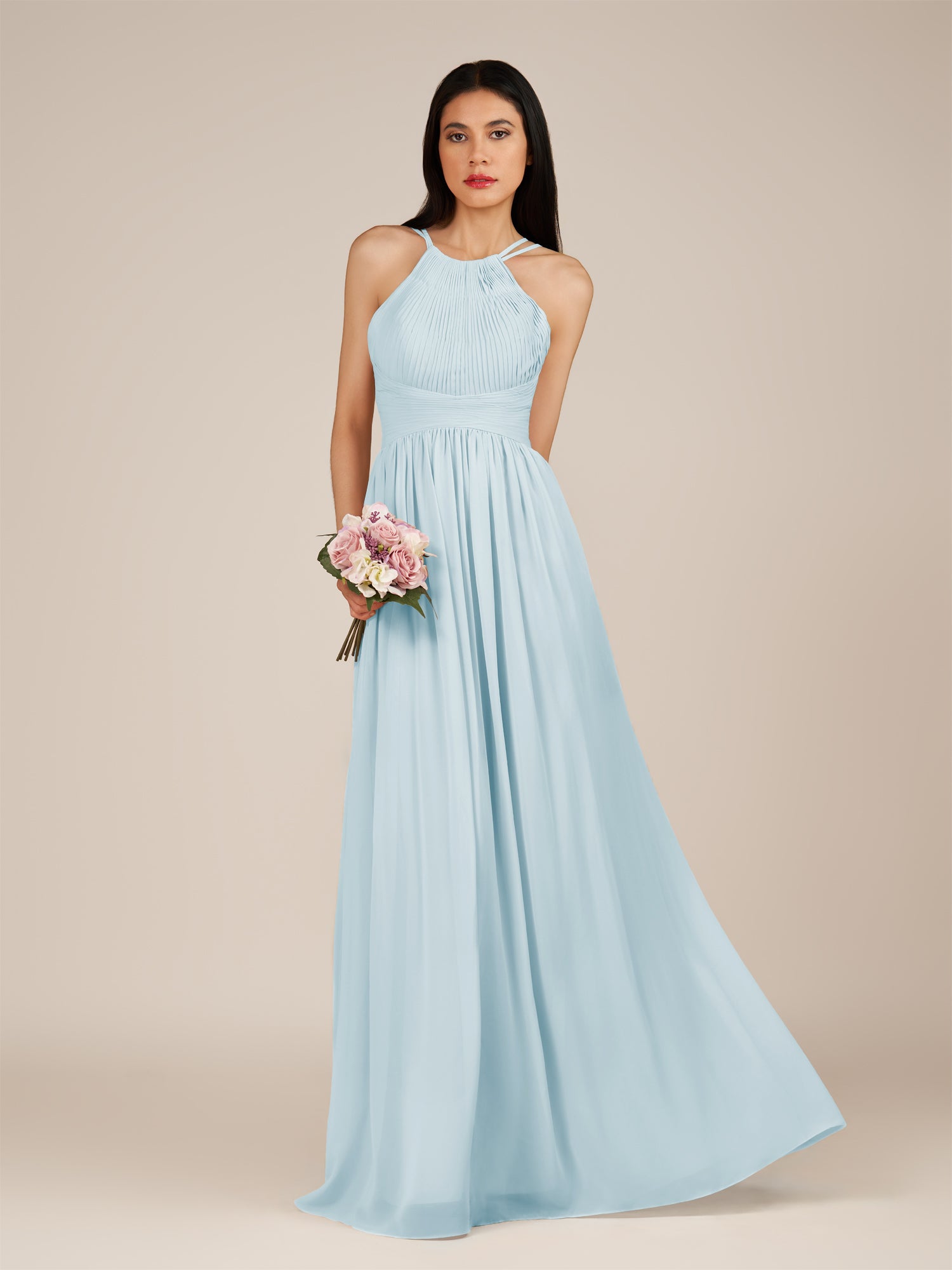 KissDress-Ursa Sky Blue A Line Chiffon Halter Neck Long Bridesmaid Dress with Pleats