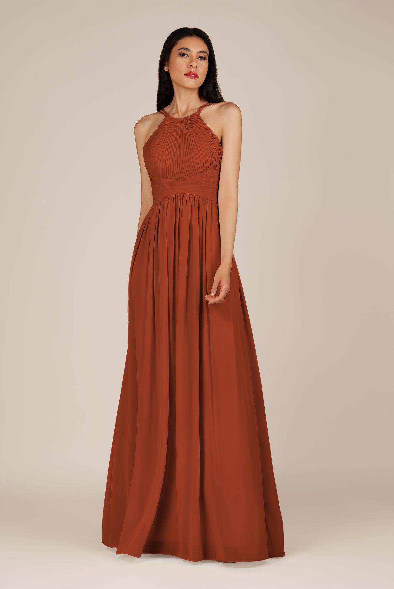 KissDress-Ursa Spice A Line Chiffon Halter Neck Long Bridesmaid Dress with Pleats