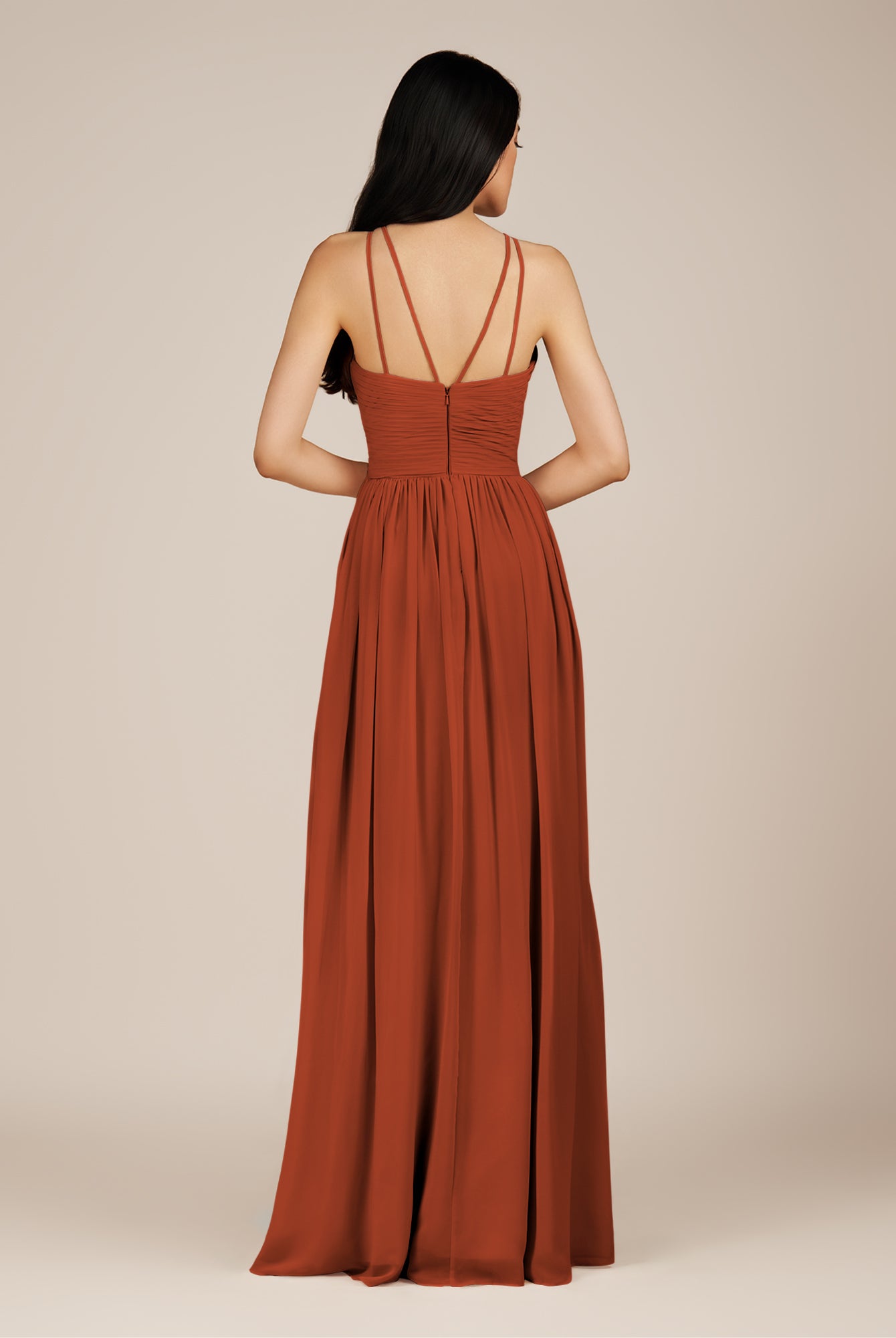 KissDress-Ursa Spice A Line Chiffon Halter Neck Long Bridesmaid Dress with Pleats