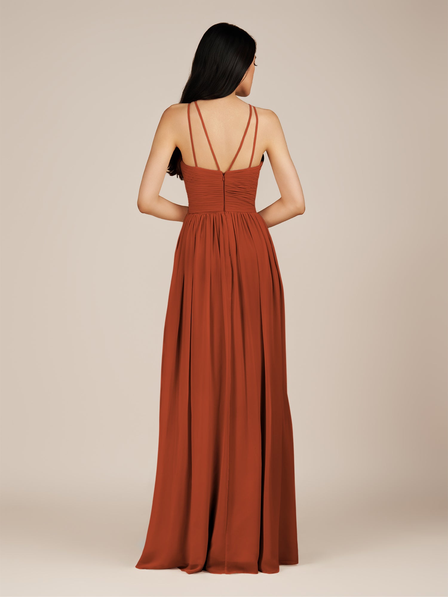 KissDress-Ursa Spice A Line Chiffon Halter Neck Long Bridesmaid Dress with Pleats