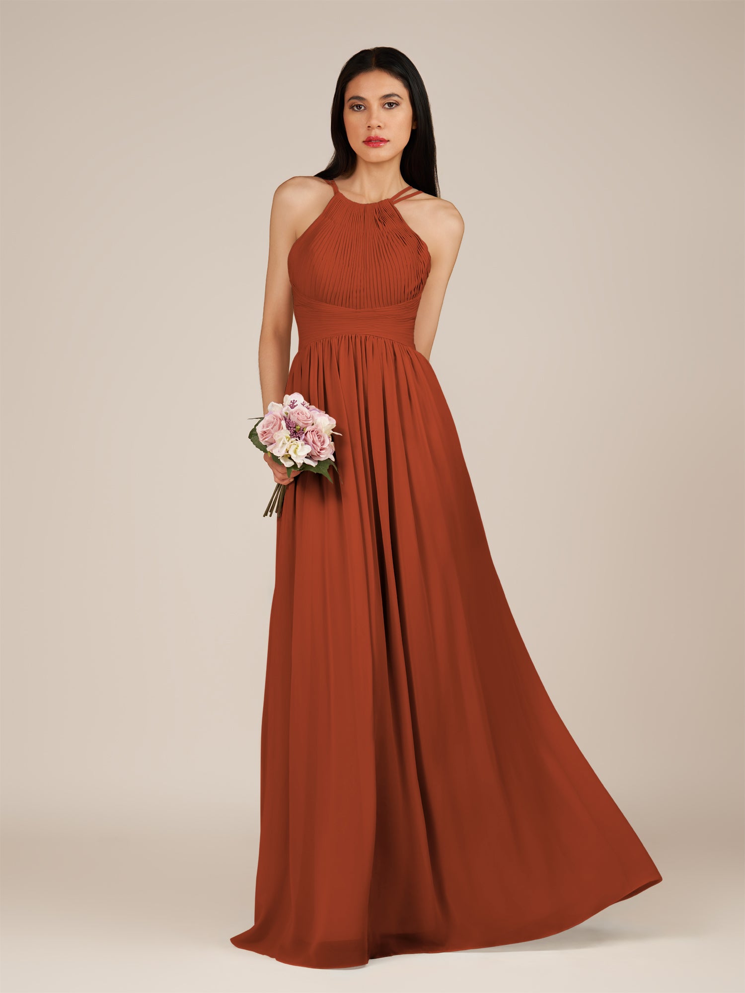 KissDress-Ursa Spice A Line Chiffon Halter Neck Long Bridesmaid Dress with Pleats