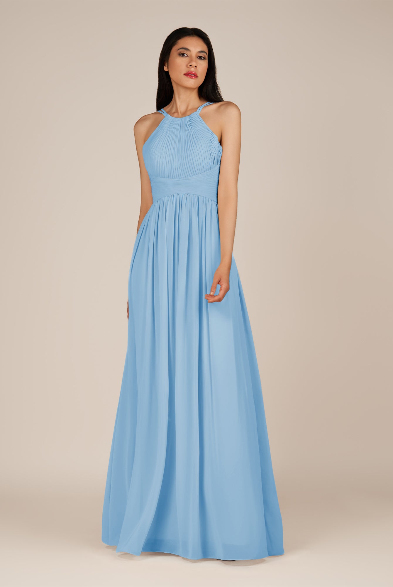 KissDress-Ursa Steel Blue A Line Chiffon Halter Neck Long Bridesmaid Dress with Pleats