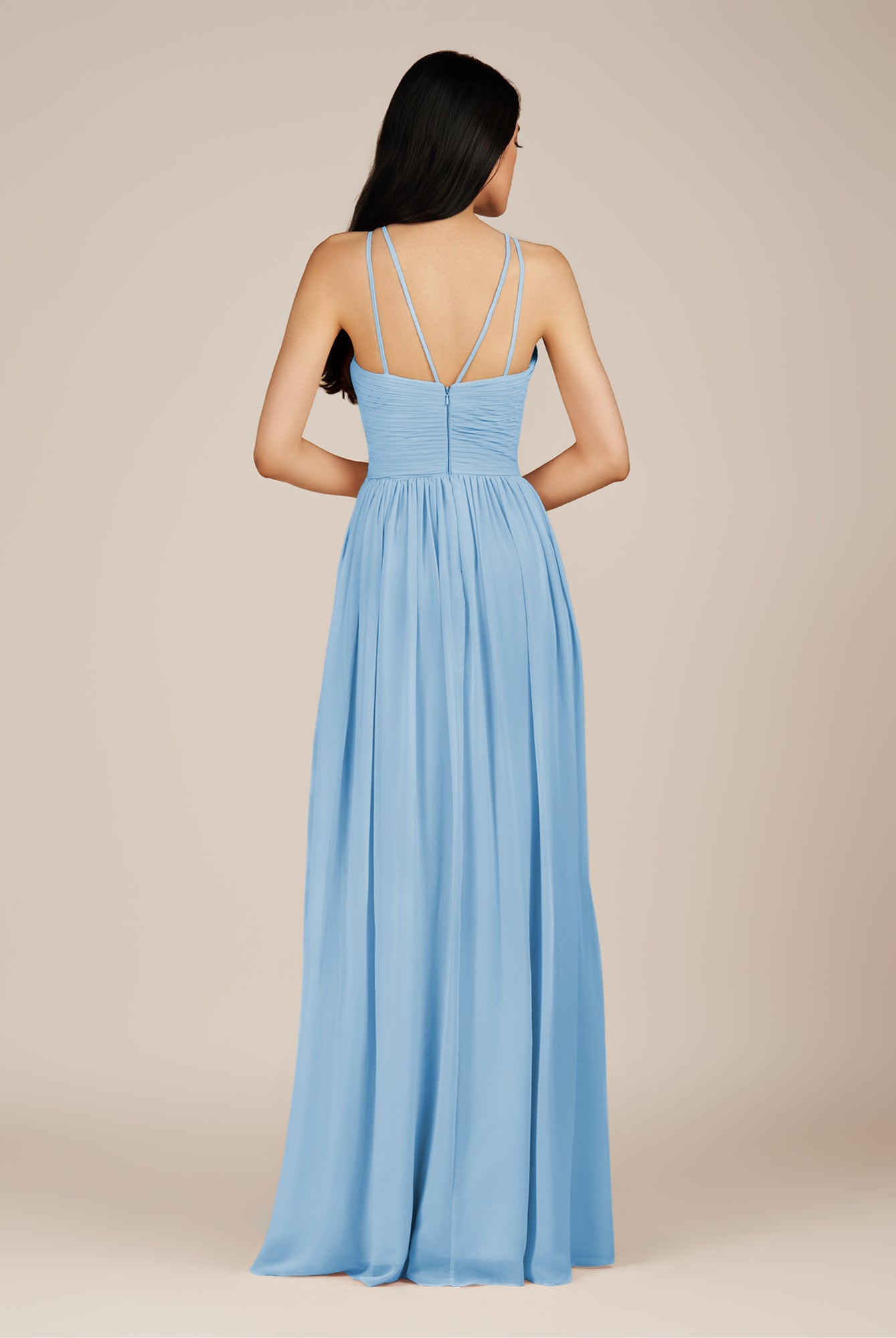 KissDress-Ursa Steel Blue A Line Chiffon Halter Neck Long Bridesmaid Dress with Pleats