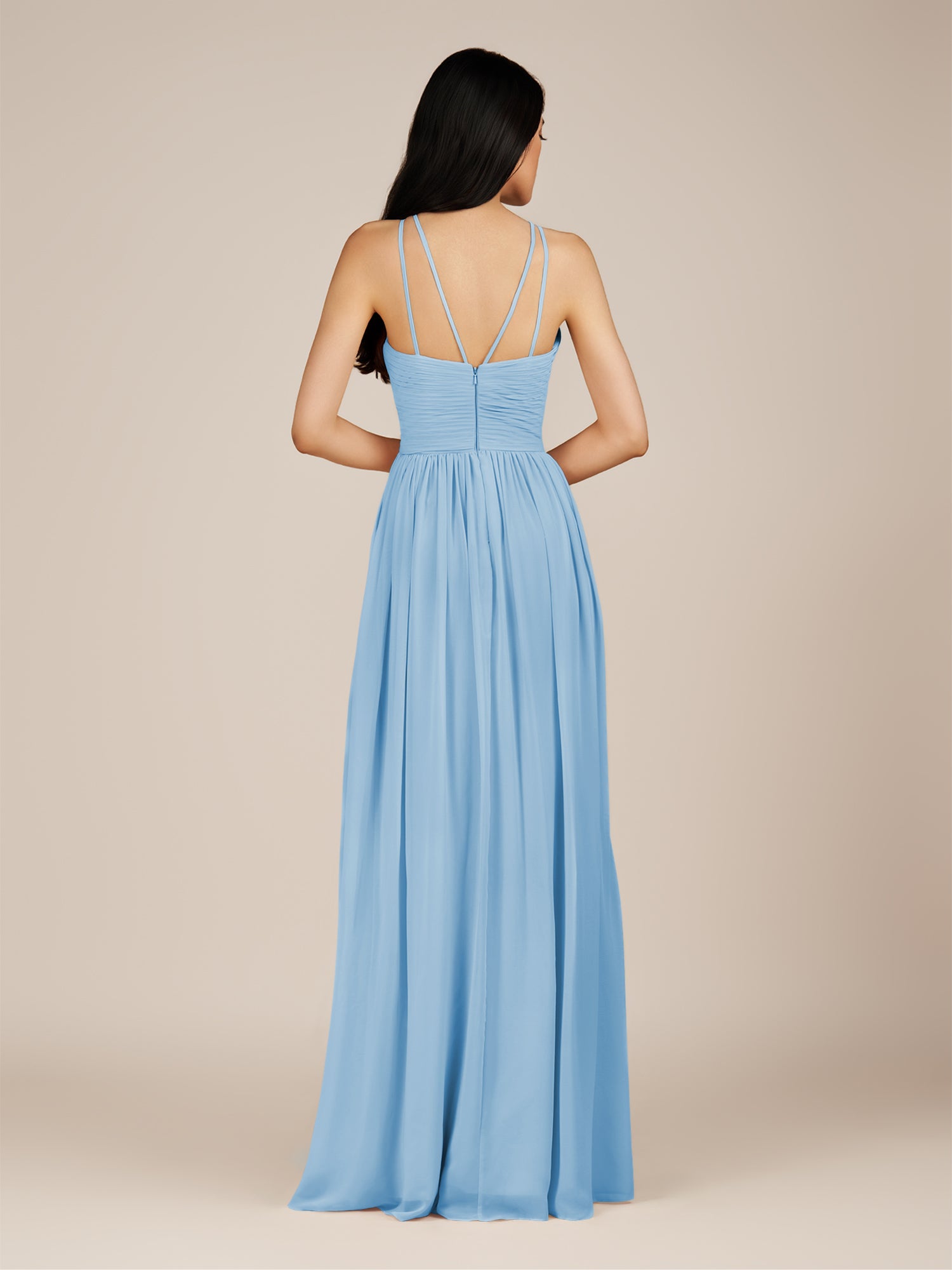 KissDress-Ursa Steel Blue A Line Chiffon Halter Neck Long Bridesmaid Dress with Pleats