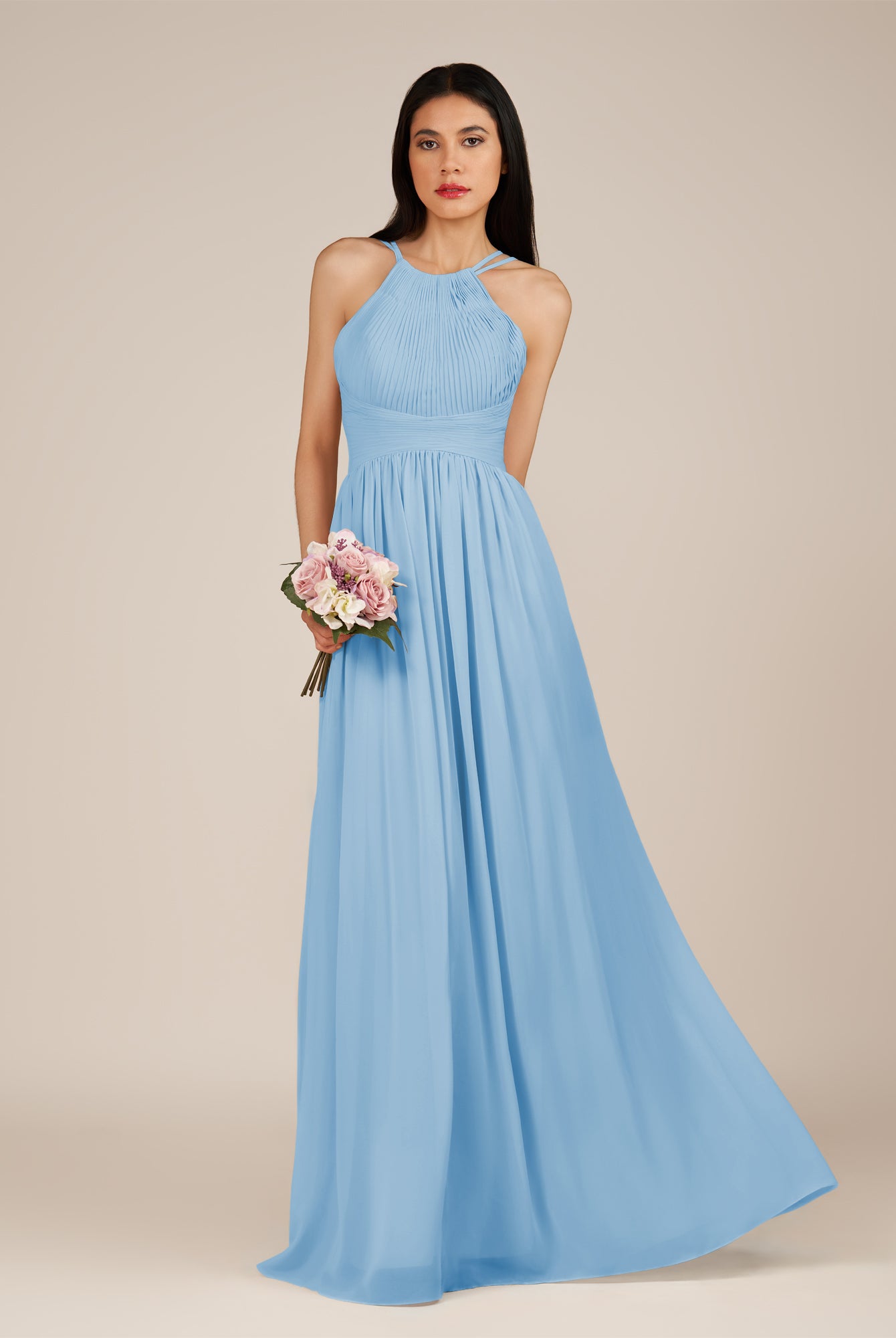 KissDress-Ursa Steel Blue A Line Chiffon Halter Neck Long Bridesmaid Dress with Pleats