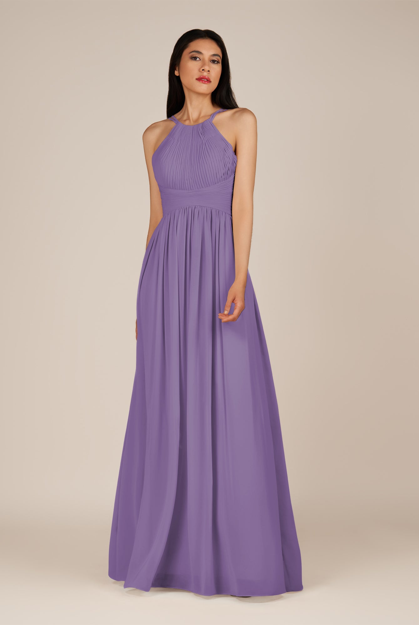 KissDress-Ursa Tahiti A Line Chiffon Halter Neck Long Bridesmaid Dress with Pleats