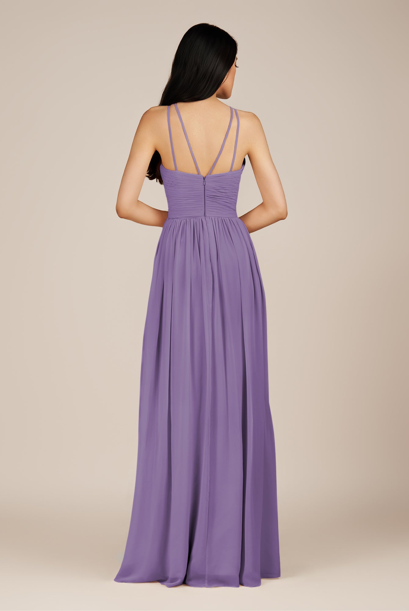 KissDress-Ursa Tahiti A Line Chiffon Halter Neck Long Bridesmaid Dress with Pleats