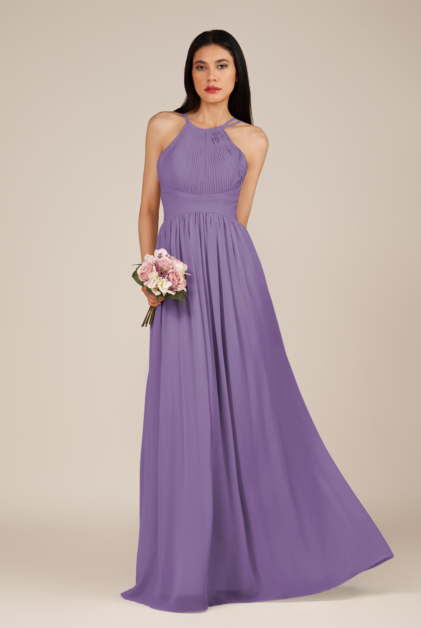 KissDress-Ursa Tahiti A Line Chiffon Halter Neck Long Bridesmaid Dress with Pleats