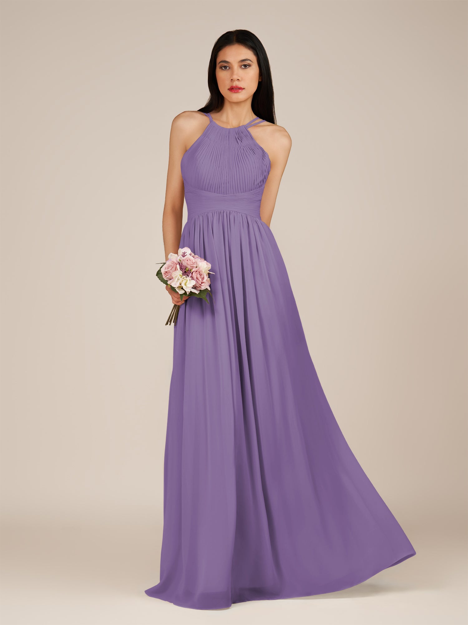 KissDress-Ursa Tahiti A Line Chiffon Halter Neck Long Bridesmaid Dress with Pleats