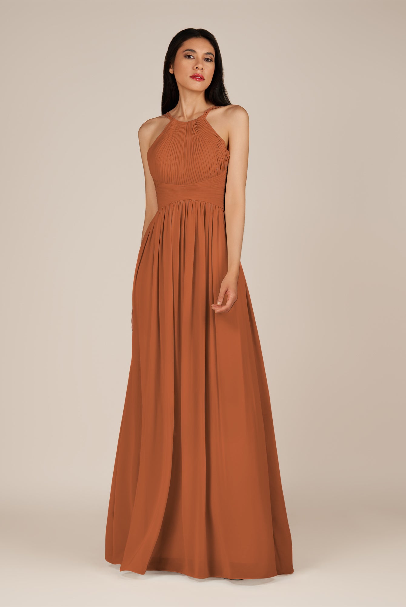 KissDress-Ursa Terracotta A Line Chiffon Halter Neck Long Bridesmaid Dress with Pleats