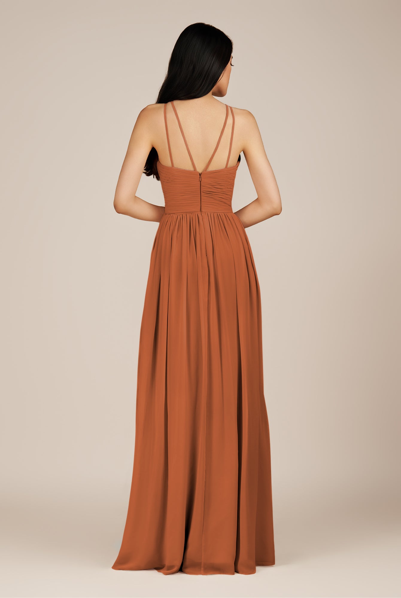 KissDress-Ursa Terracotta A Line Chiffon Halter Neck Long Bridesmaid Dress with Pleats