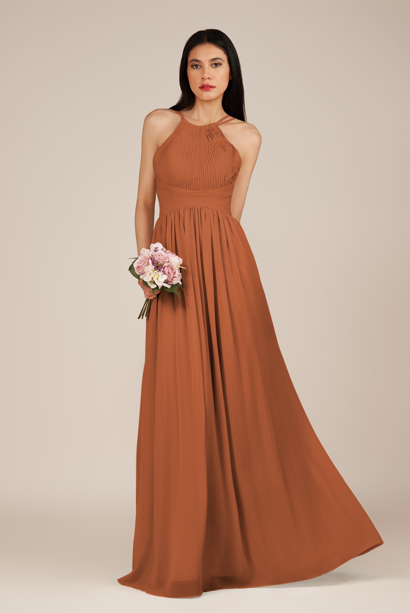 KissDress-Ursa Terracotta A Line Chiffon Halter Neck Long Bridesmaid Dress with Pleats