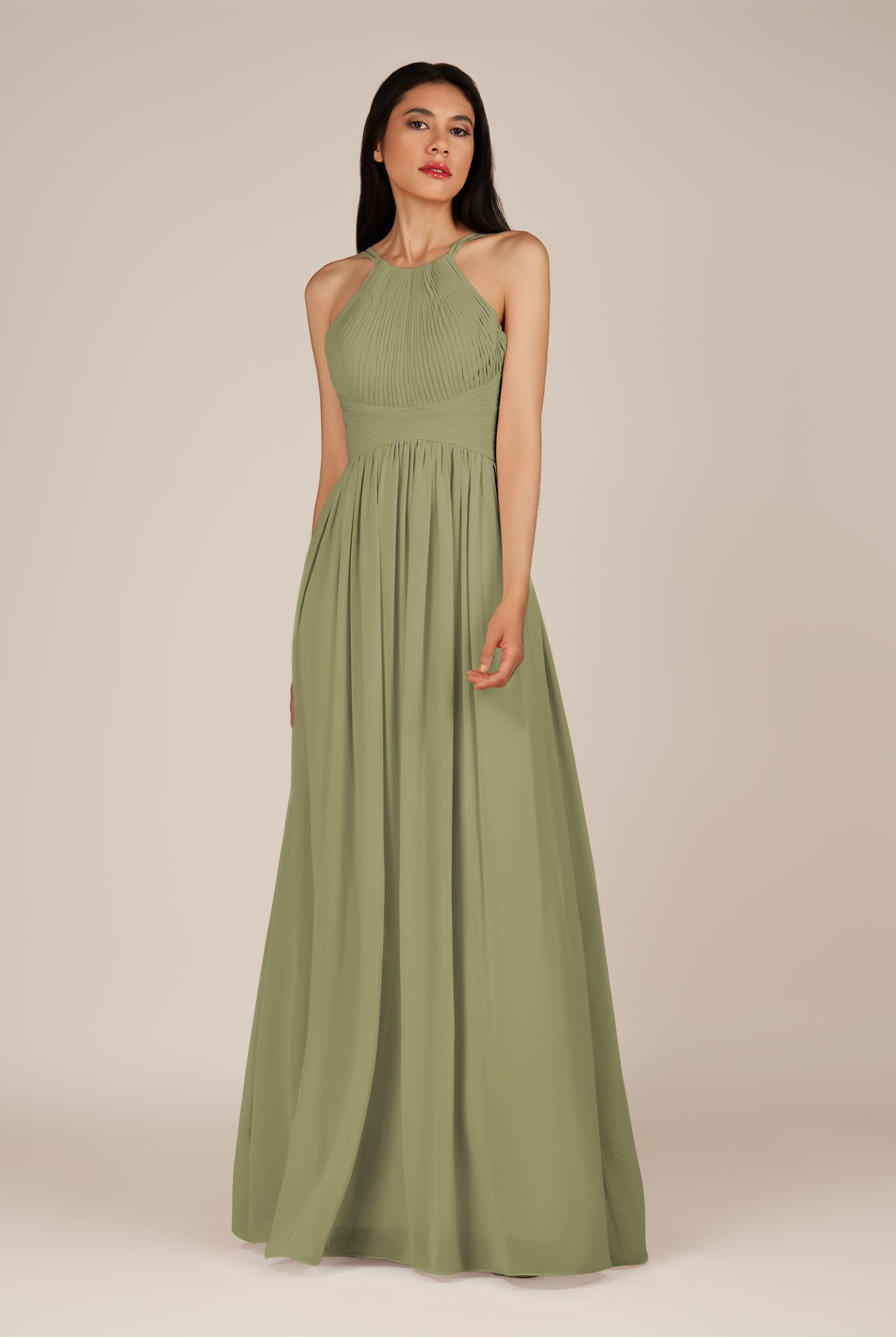 KissDress-Ursa Thyme A Line Chiffon Halter Neck Long Bridesmaid Dress with Pleats