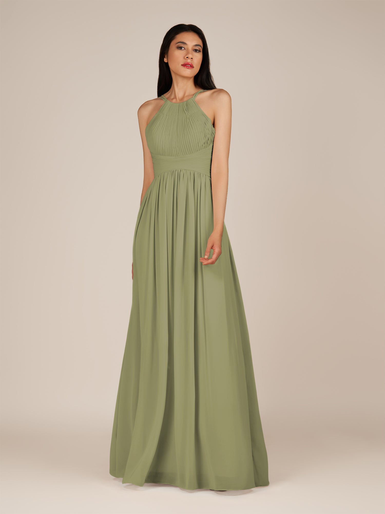 KissDress-Ursa Thyme A Line Chiffon Halter Neck Long Bridesmaid Dress with Pleats