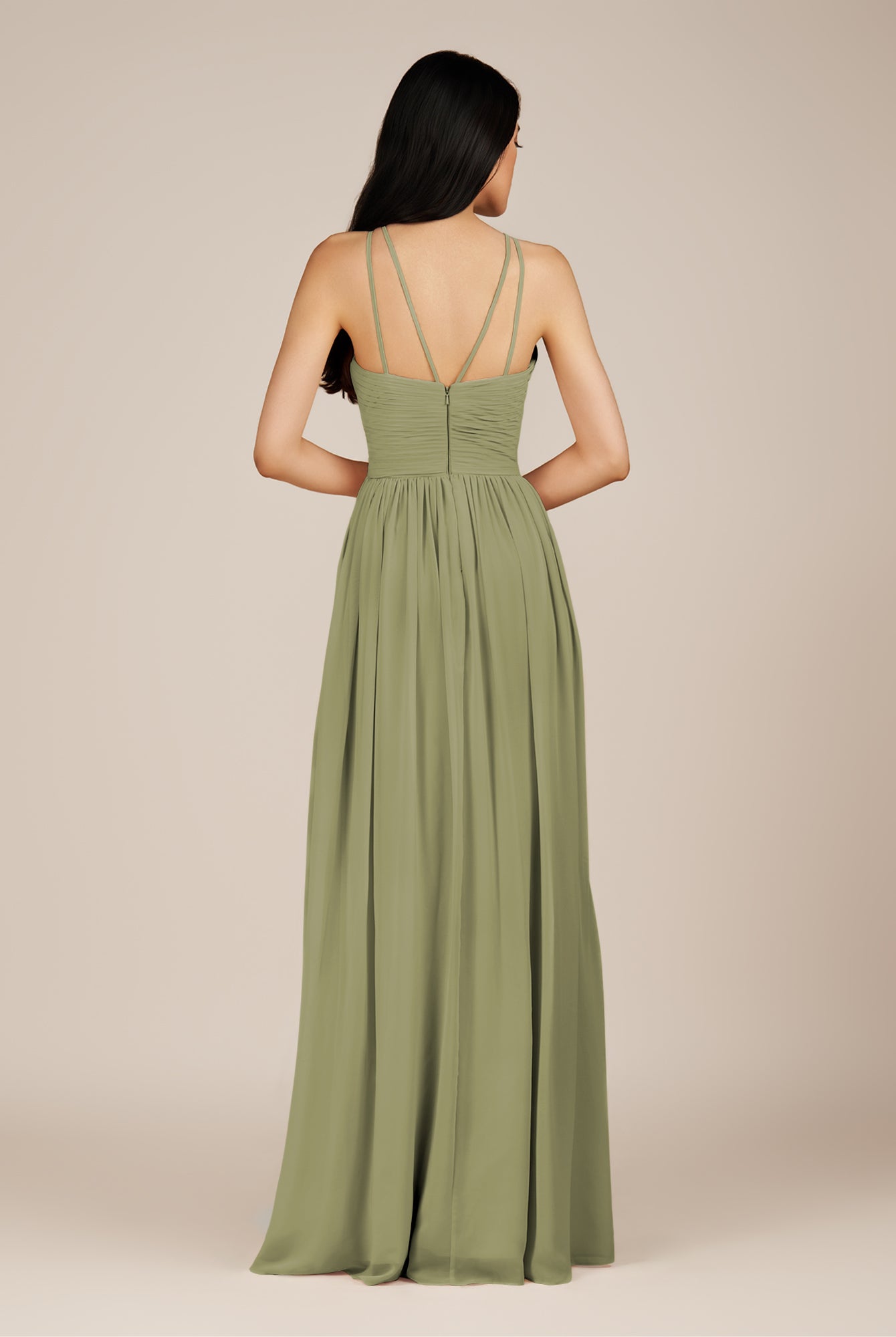 KissDress-Ursa Thyme A Line Chiffon Halter Neck Long Bridesmaid Dress with Pleats