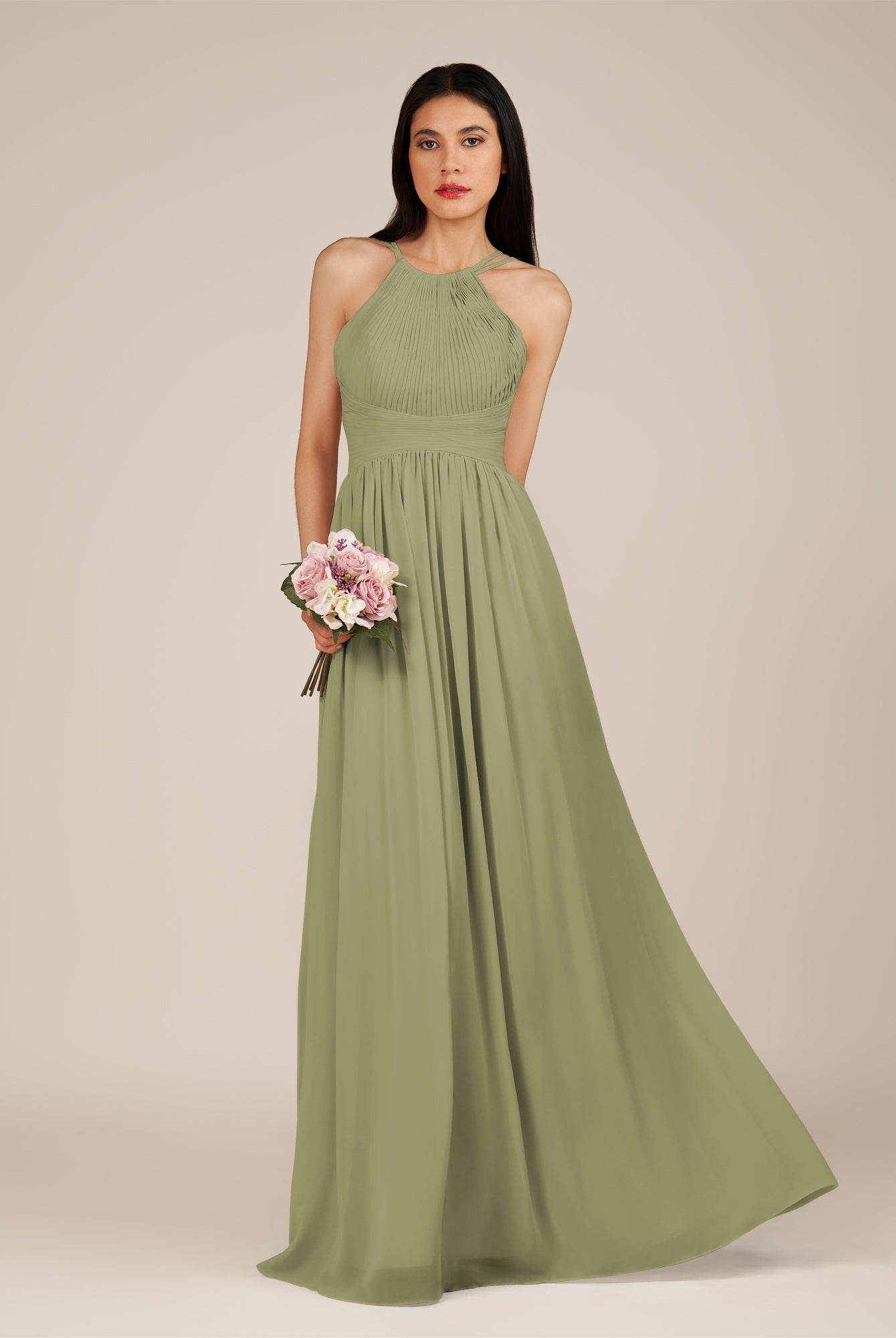KissDress-Ursa Thyme A Line Chiffon Halter Neck Long Bridesmaid Dress with Pleats