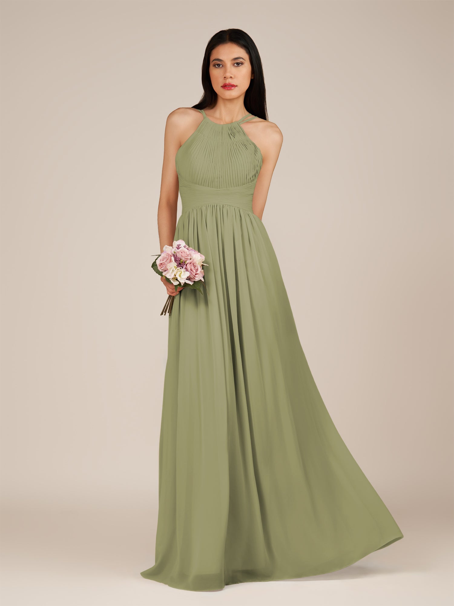 KissDress-Ursa Thyme A Line Chiffon Halter Neck Long Bridesmaid Dress with Pleats