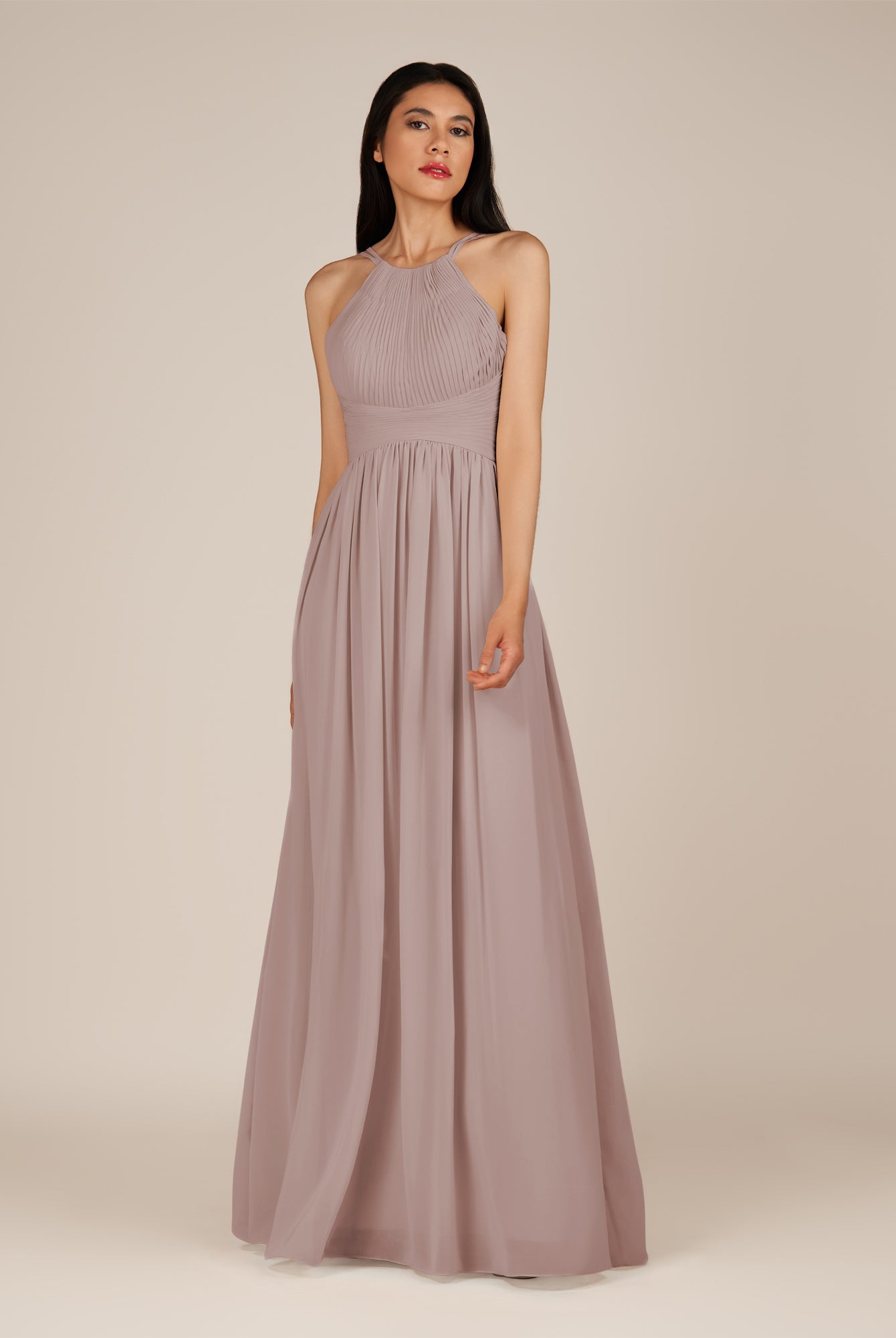 KissDress-Ursa Toffee A Line Chiffon Halter Neck Long Bridesmaid Dress with Pleats