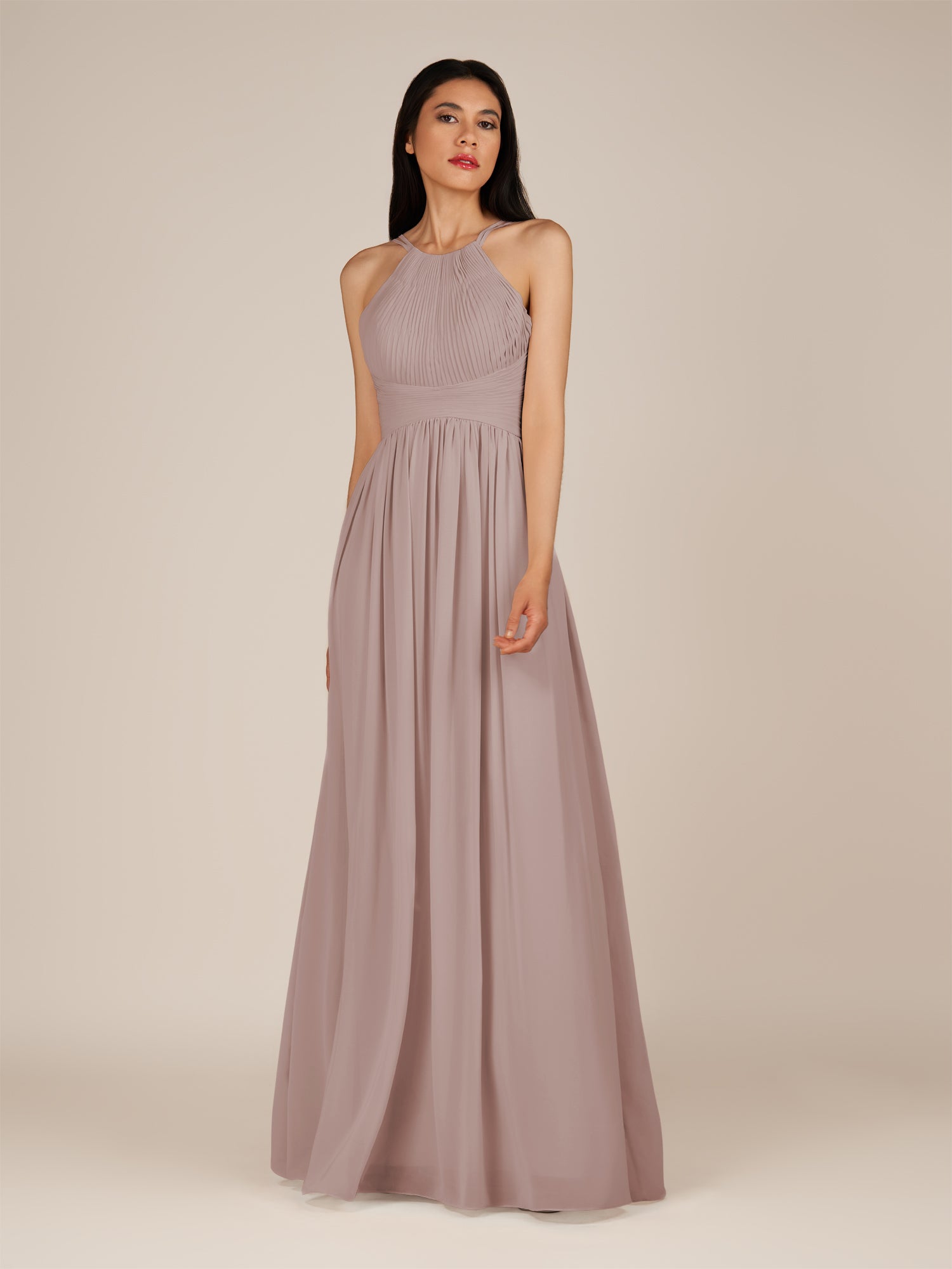KissDress-Ursa Toffee A Line Chiffon Halter Neck Long Bridesmaid Dress with Pleats