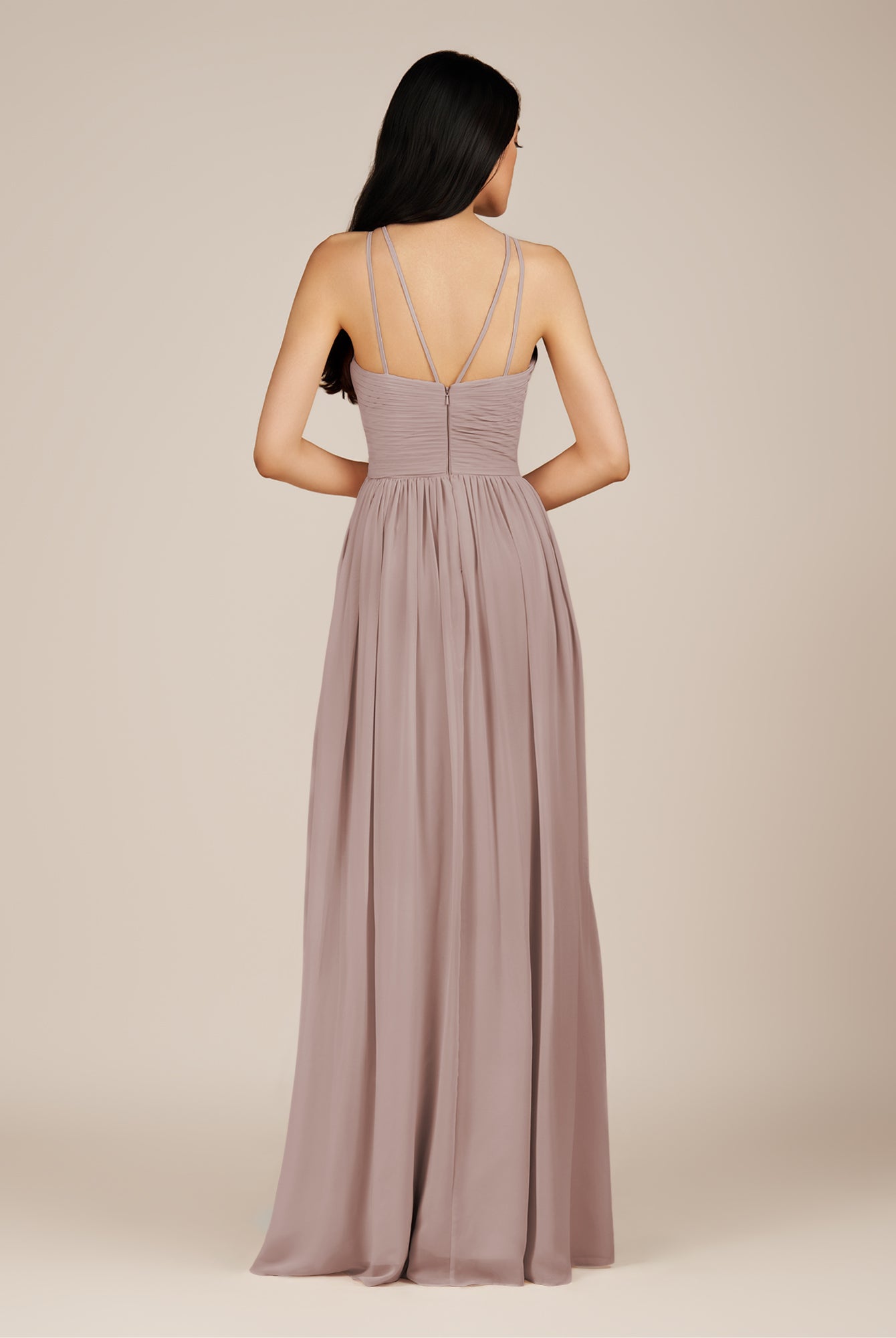KissDress-Ursa Toffee A Line Chiffon Halter Neck Long Bridesmaid Dress with Pleats