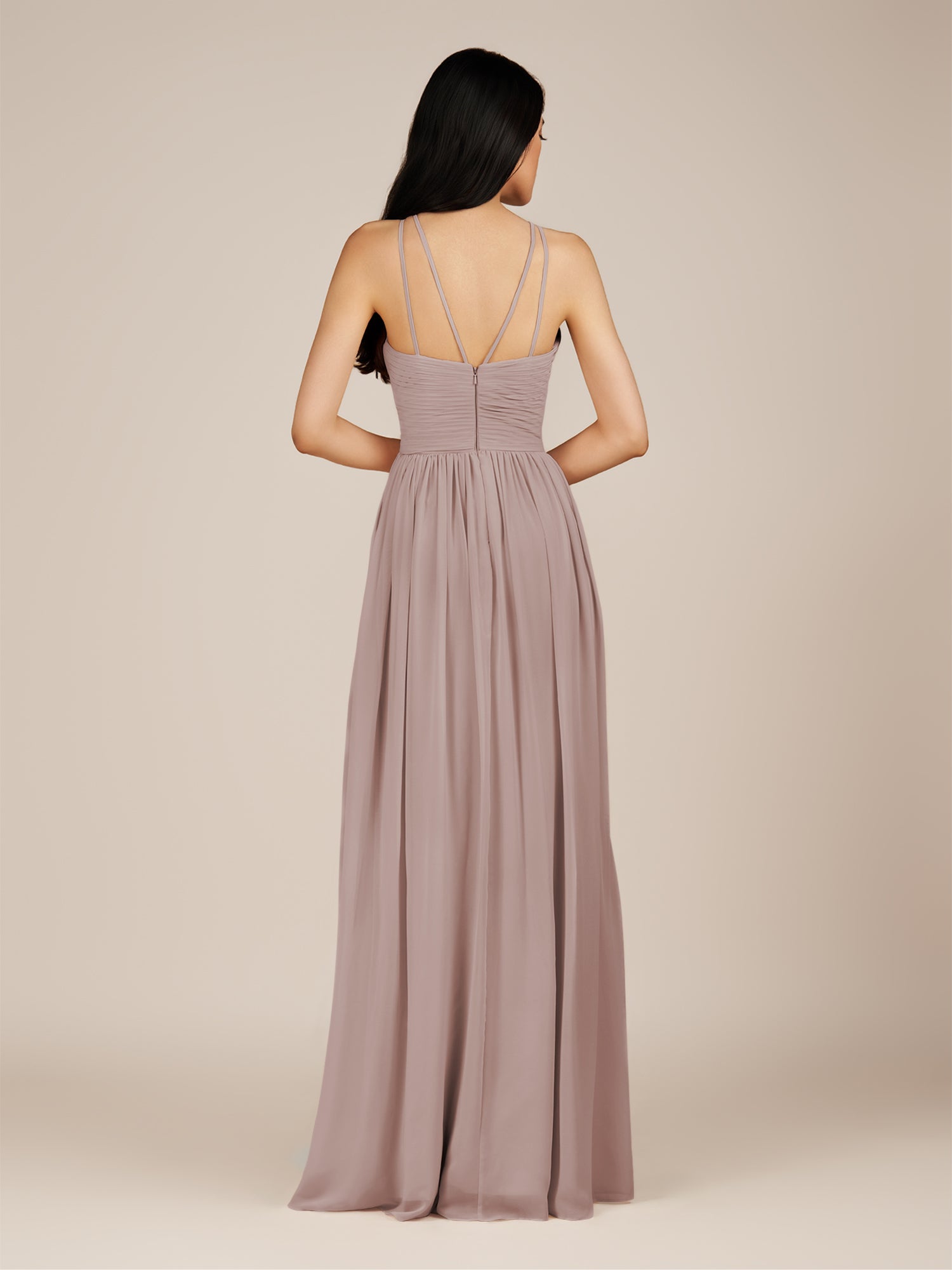 KissDress-Ursa Toffee A Line Chiffon Halter Neck Long Bridesmaid Dress with Pleats