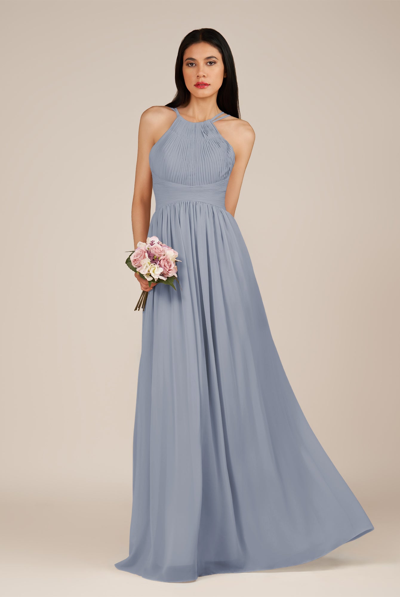 KissDress-Ursa Twilight A Line Chiffon Halter Neck Long Bridesmaid Dress with Pleats