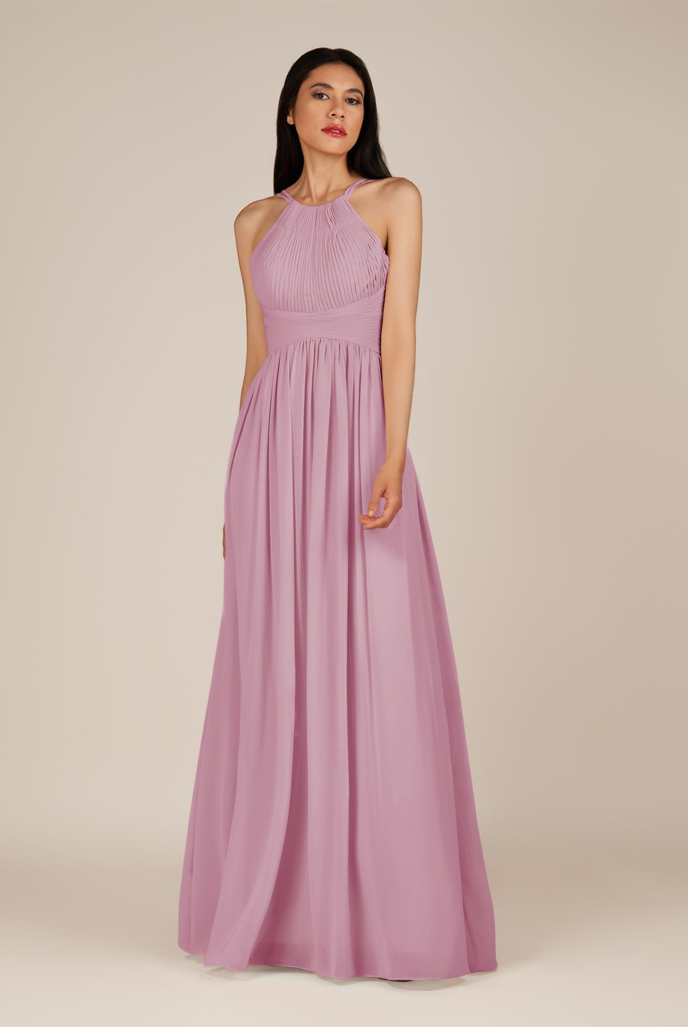 KissDress-Ursa Vintage Mauve A Line Chiffon Halter Neck Long Bridesmaid Dress with Pleats