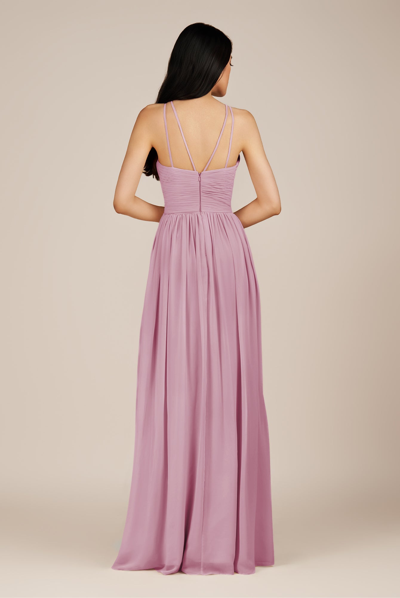 KissDress-Ursa Vintage Mauve A Line Chiffon Halter Neck Long Bridesmaid Dress with Pleats