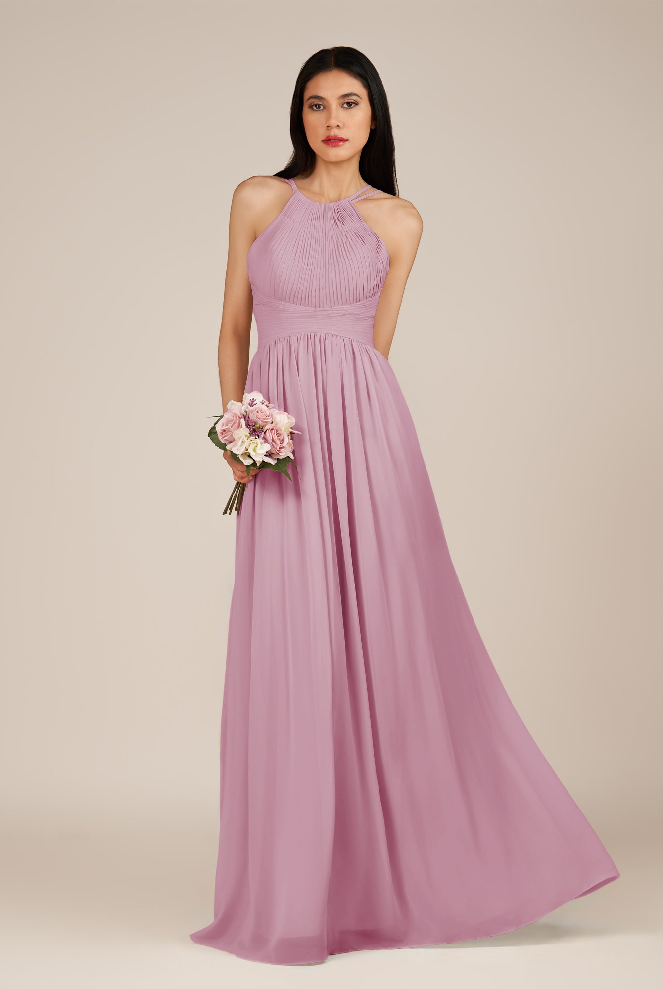 KissDress-Ursa Vintage Mauve A Line Chiffon Halter Neck Long Bridesmaid Dress with Pleats