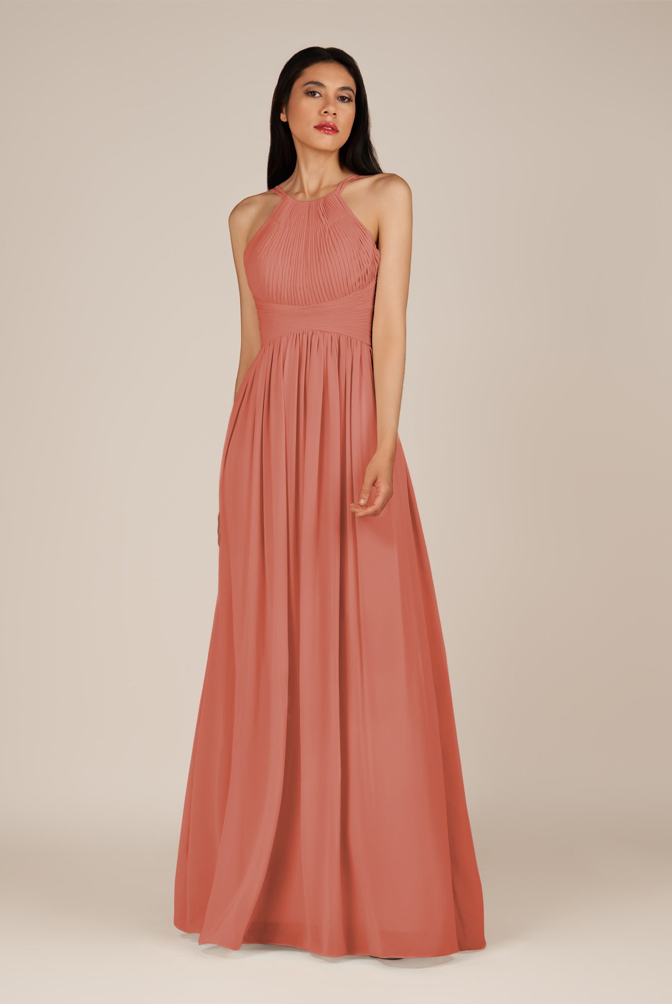 KissDress-Ursa Wild Rose A Line Chiffon Halter Neck Long Bridesmaid Dress with Pleats
