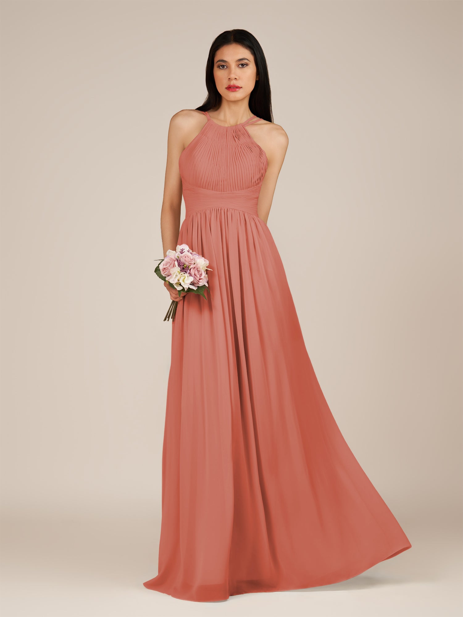 KissDress-Ursa Wild Rose A Line Chiffon Halter Neck Long Bridesmaid Dress with Pleats