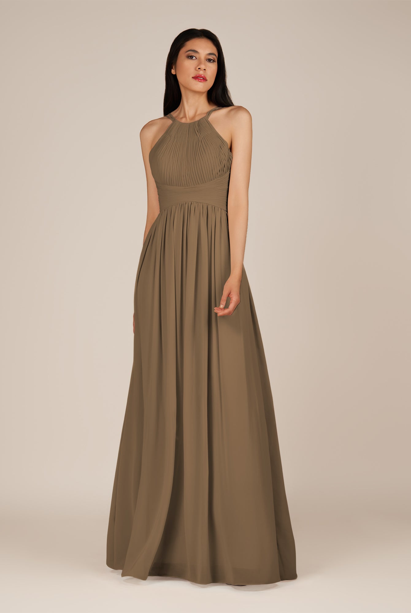 KissDress-Ursa Willow Green A Line Chiffon Halter Neck Long Bridesmaid Dress with Pleats