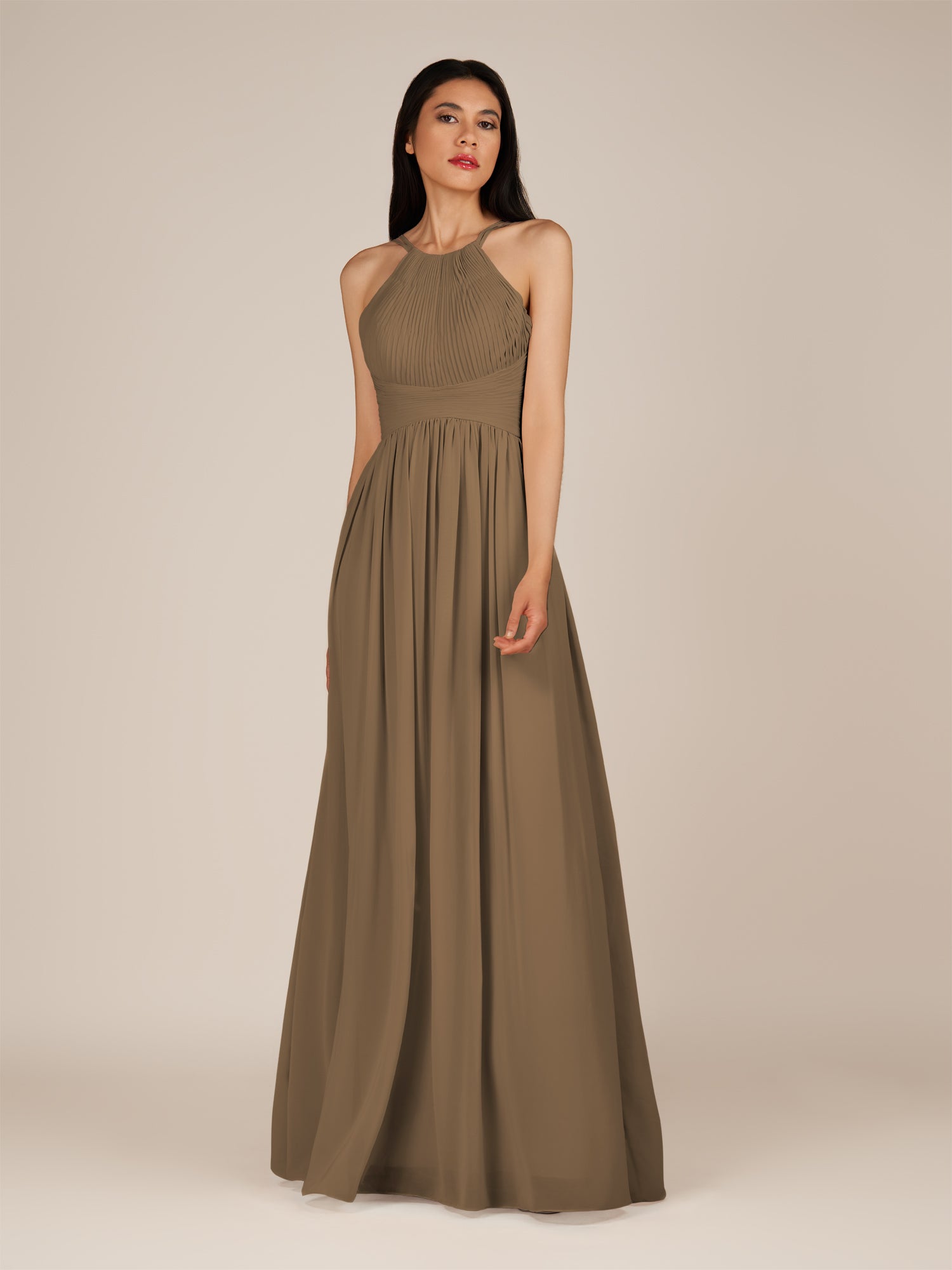 KissDress-Ursa Willow Green A Line Chiffon Halter Neck Long Bridesmaid Dress with Pleats