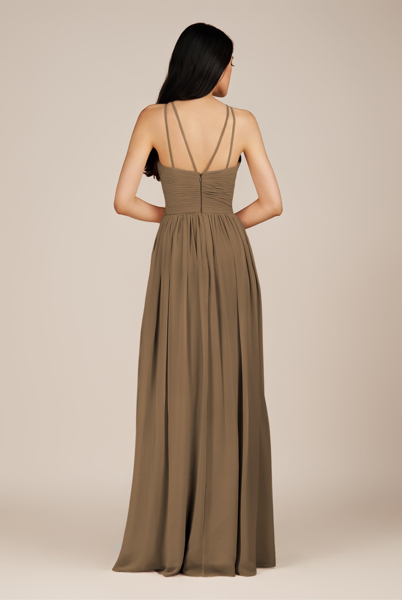 KissDress-Ursa Willow Green A Line Chiffon Halter Neck Long Bridesmaid Dress with Pleats