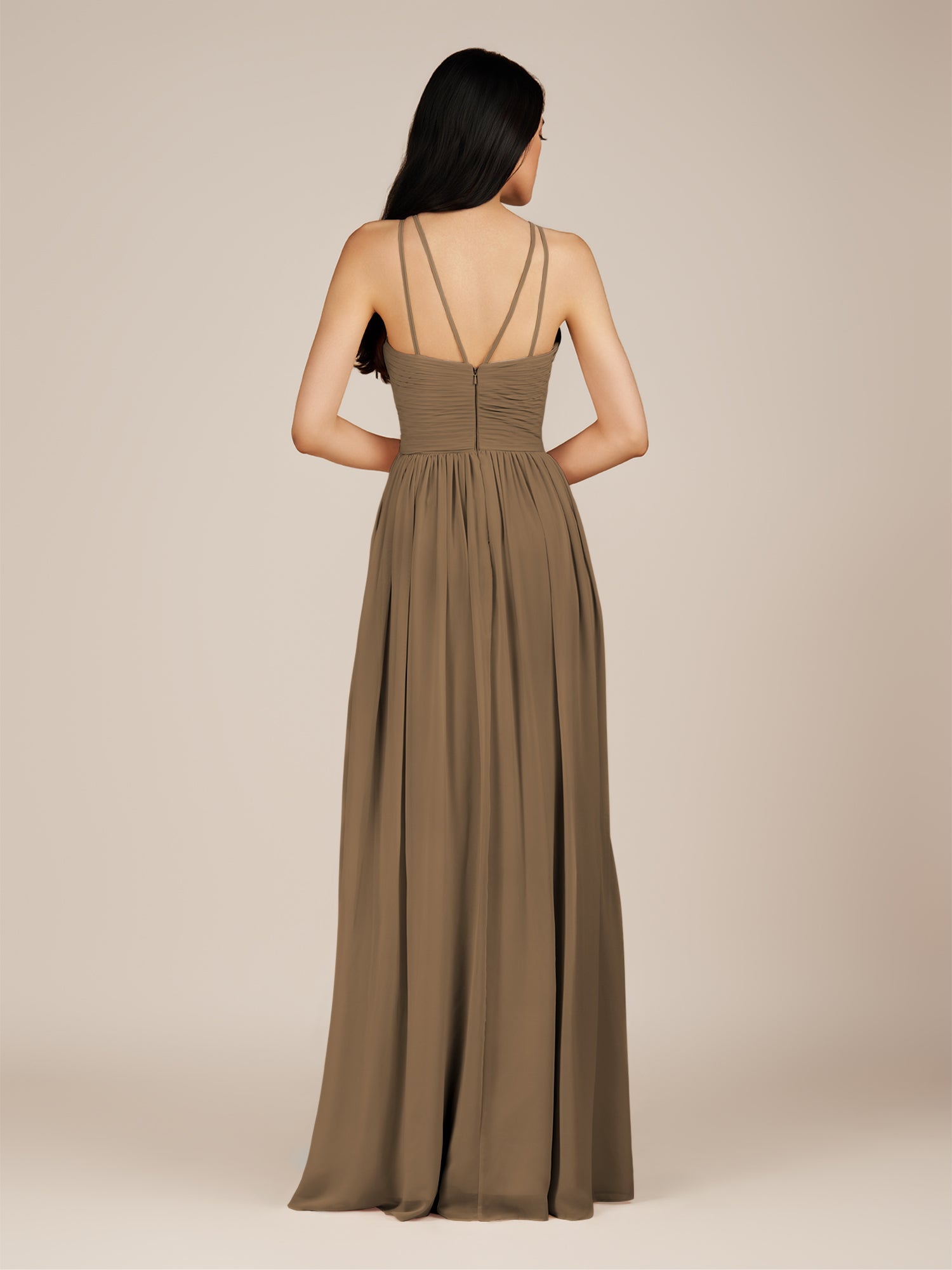 KissDress-Ursa Willow Green A Line Chiffon Halter Neck Long Bridesmaid Dress with Pleats