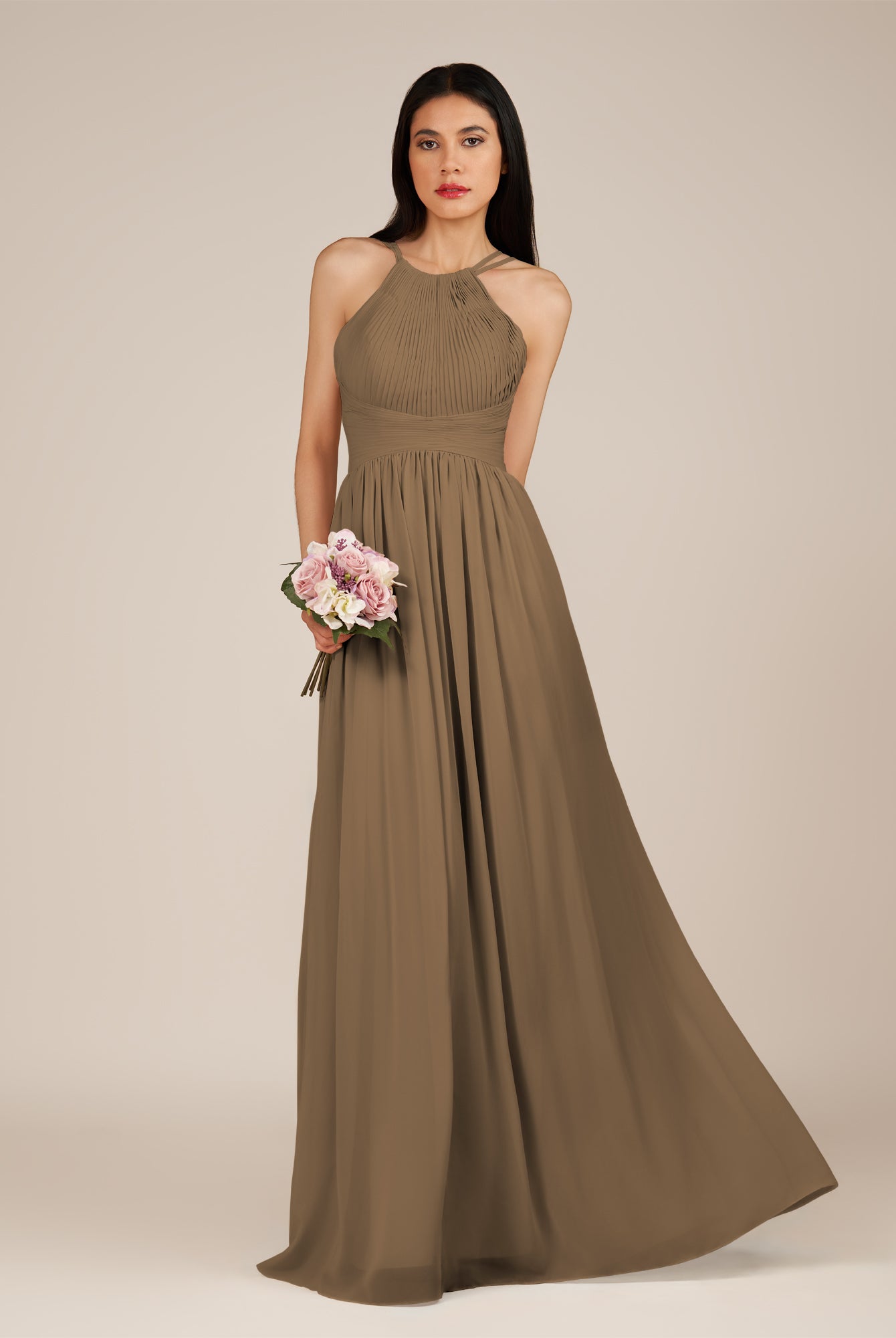 KissDress-Ursa Willow Green A Line Chiffon Halter Neck Long Bridesmaid Dress with Pleats