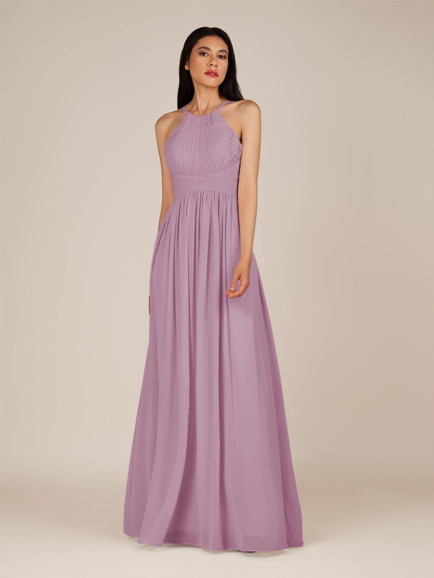 KissDress-Ursa Wisteria A Line Chiffon Halter Neck Long Bridesmaid Dress with Pleats