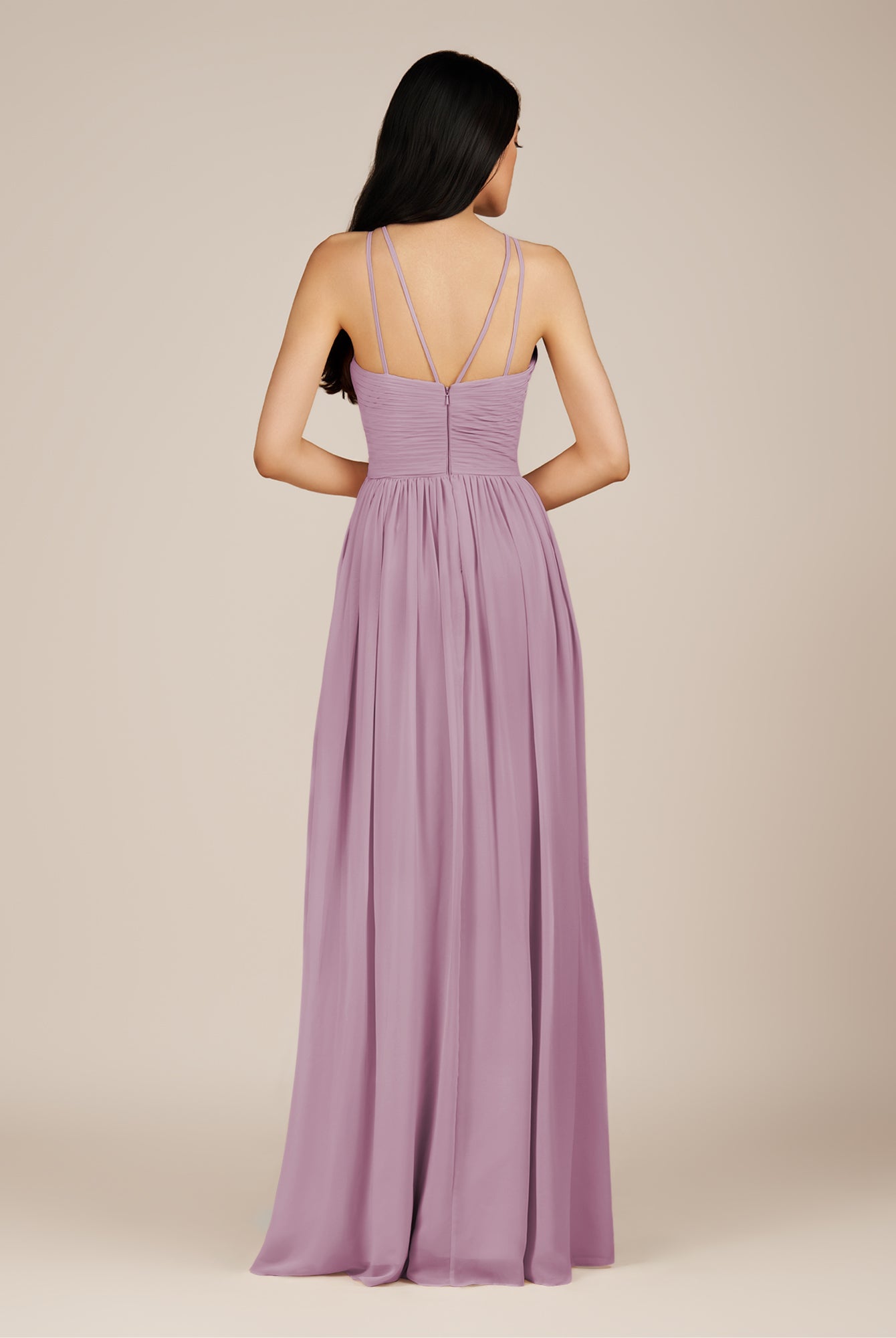 KissDress-Ursa Wisteria A Line Chiffon Halter Neck Long Bridesmaid Dress with Pleats