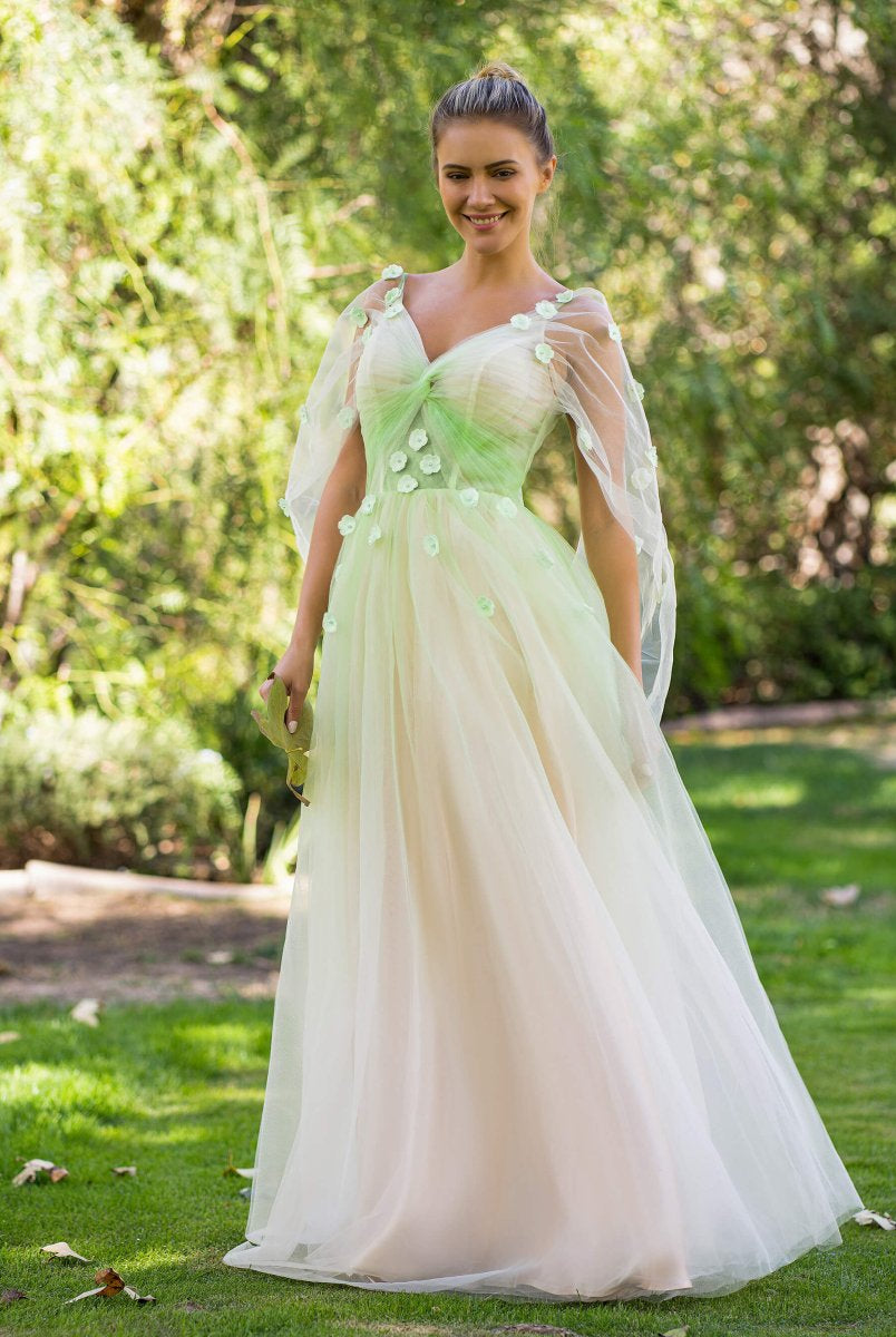 V - neck 3D Applique Floor Length Tulle Prom Dress - KissProm