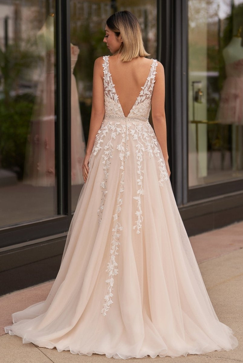 V - neck Applique Lace Tulle Sweep Train Prom Dress - KissProm