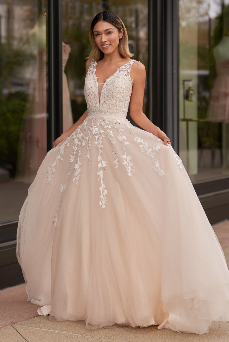 V - neck Applique Lace Tulle Sweep Train Prom Dress - KissProm
