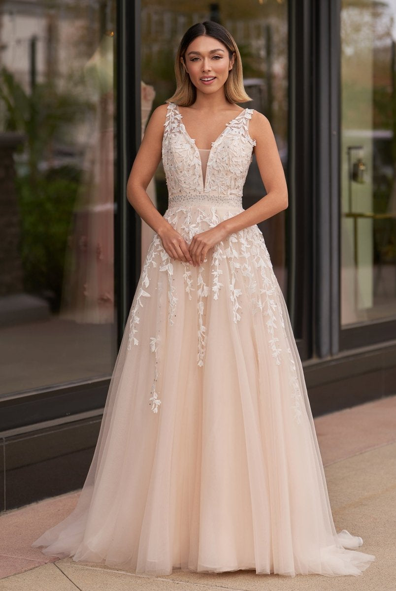 V - neck Applique Lace Tulle Sweep Train Prom Dress - KissProm