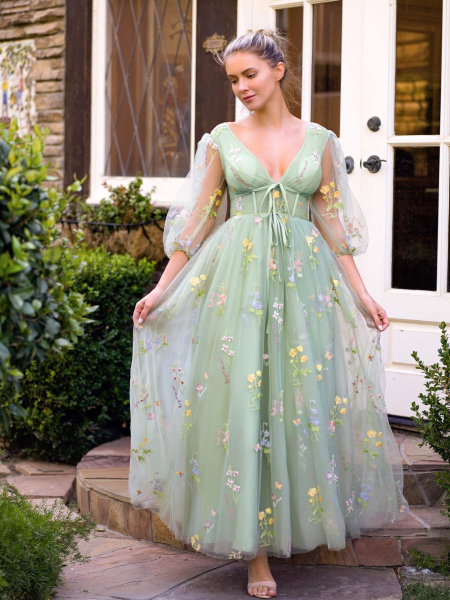 Sage Green Floral Prom Dress Pale Pink Tulle Prom Dress Women's Floral Embroidery Prom Dress Tea Length Tulle Formal Gown With Pockets Prom Dress Modest Sage Green Floral Prom Dress Pale Pink Tulle Prom Dress Women's Floral Embroidery Prom Dress Tea Length Tulle Formal Gown With Pockets Prom Dress Modest