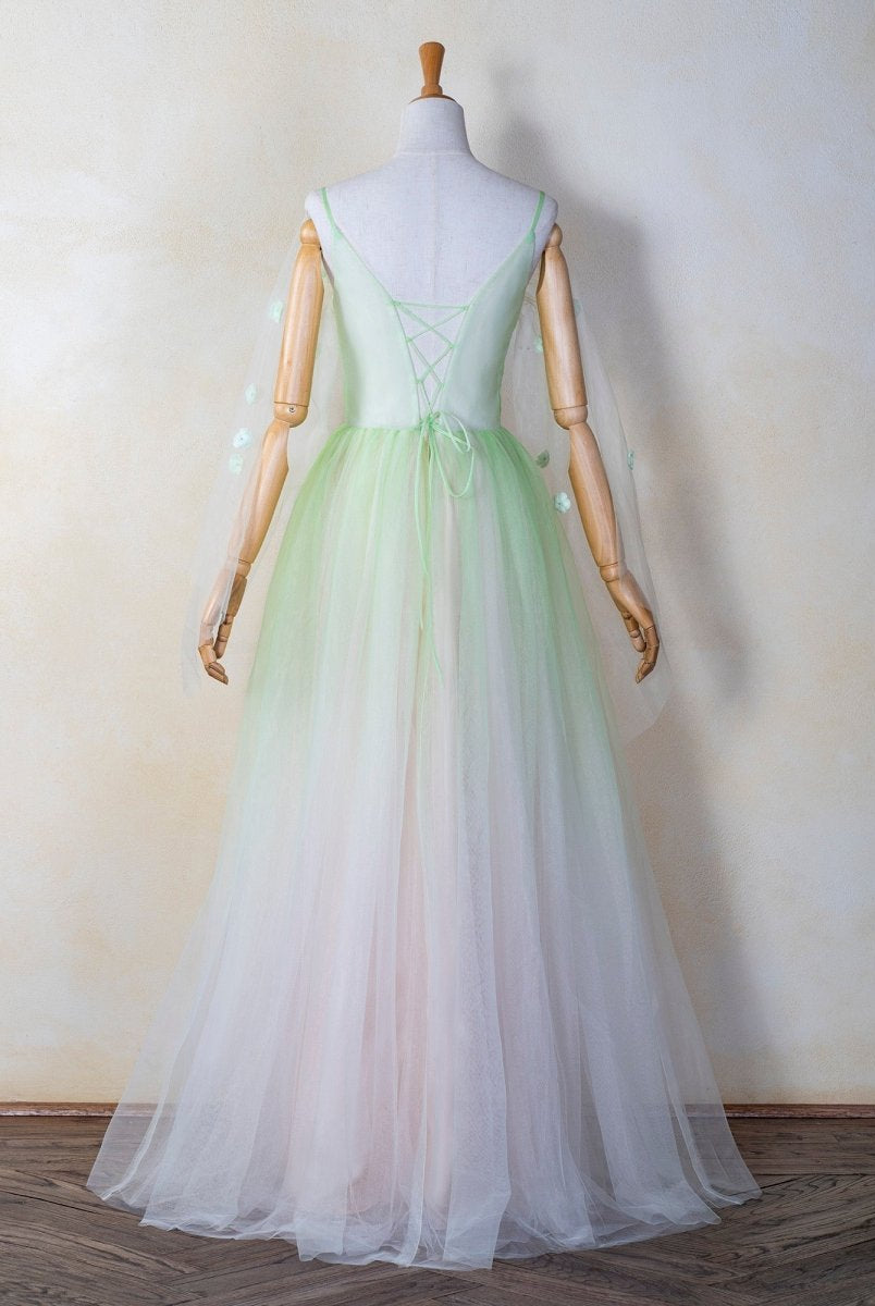 V - neck 3D Applique Floor Length Tulle Prom Dress - KissProm